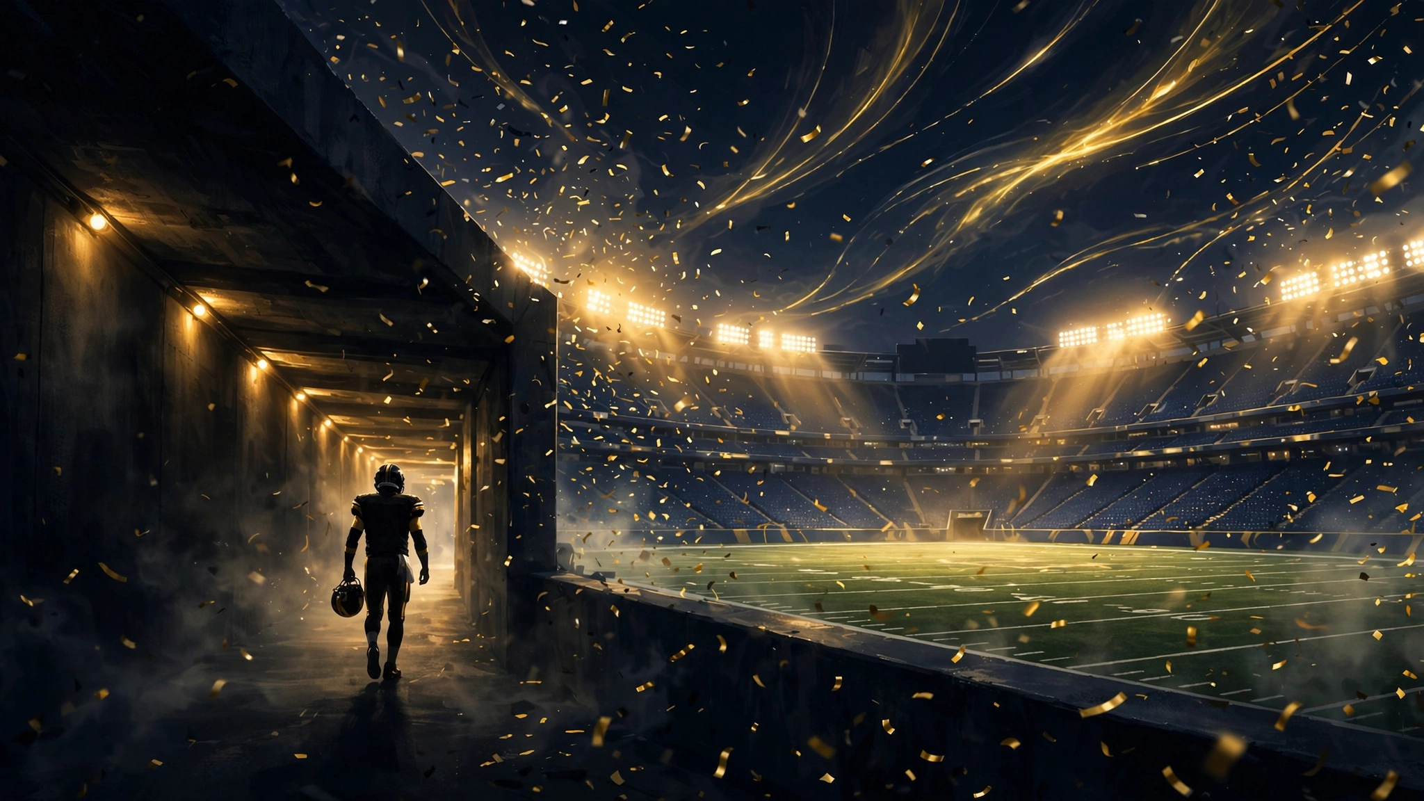Quarterback walking through a stadium tunnel toward the field lights — 2026 final-season chapter