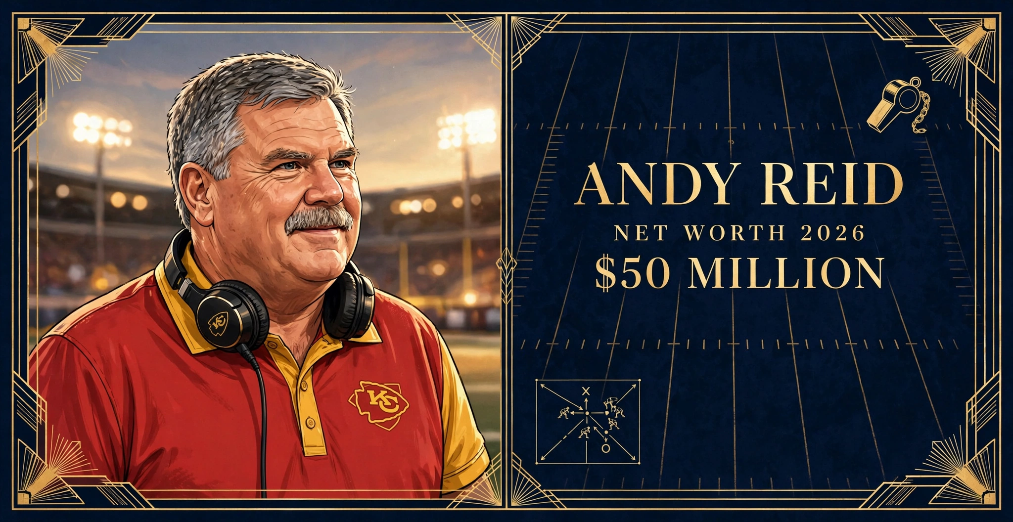 Andy Reid net worth 2026 — estimated $50 million fortune infographic