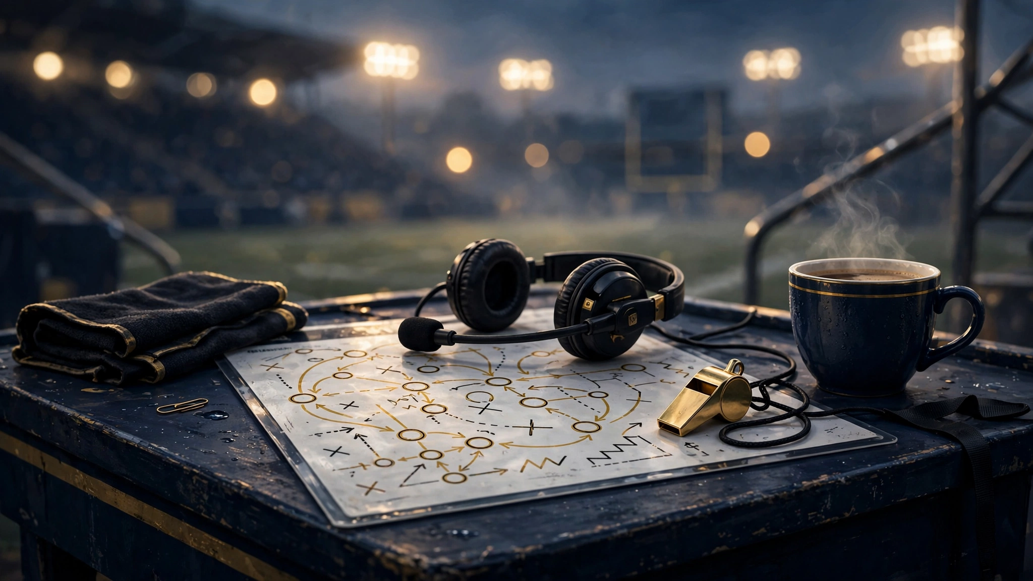 Illustrated scene of a football coach's headset and play-calling sheet on a sideline desk at dusk, evoking Andy Reid's Chiefs tenure