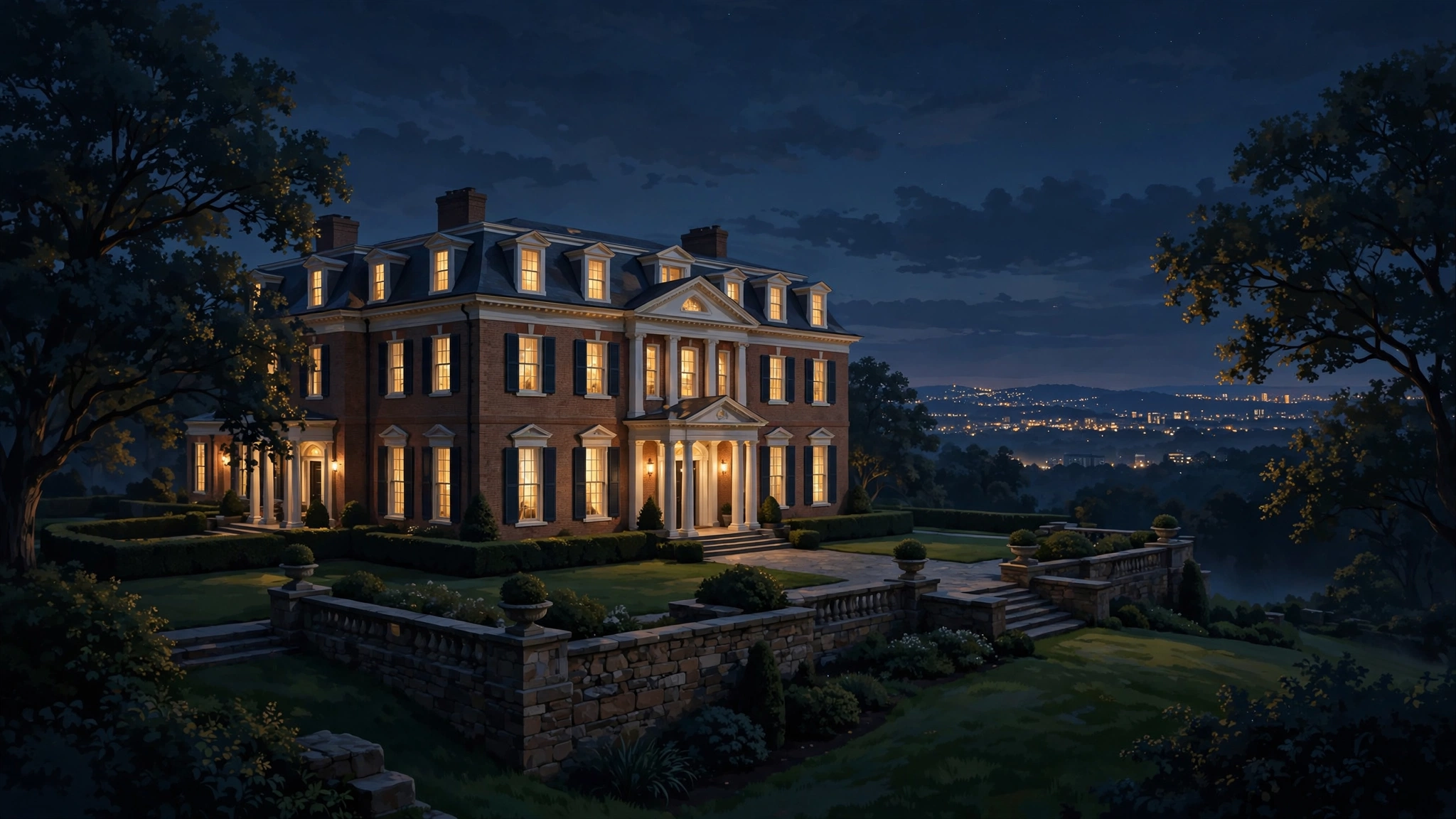 Illustrated luxury colonial-style mansion at dusk with warm lights, evoking a coach's Kansas City estate
