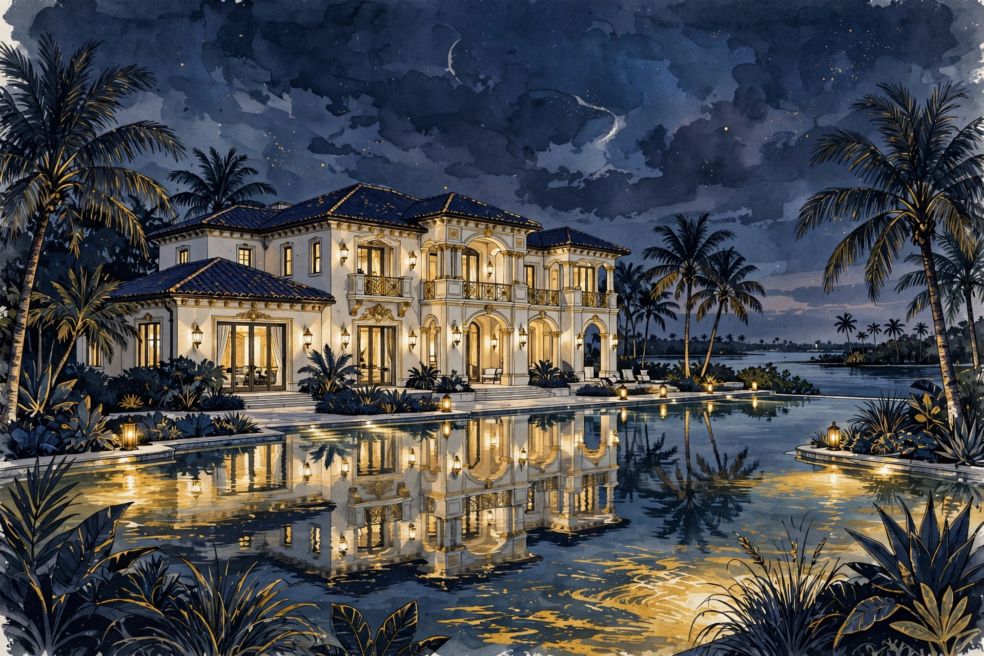 Illustrated waterfront Florida mansion at twilight — Antonio Brown homestead