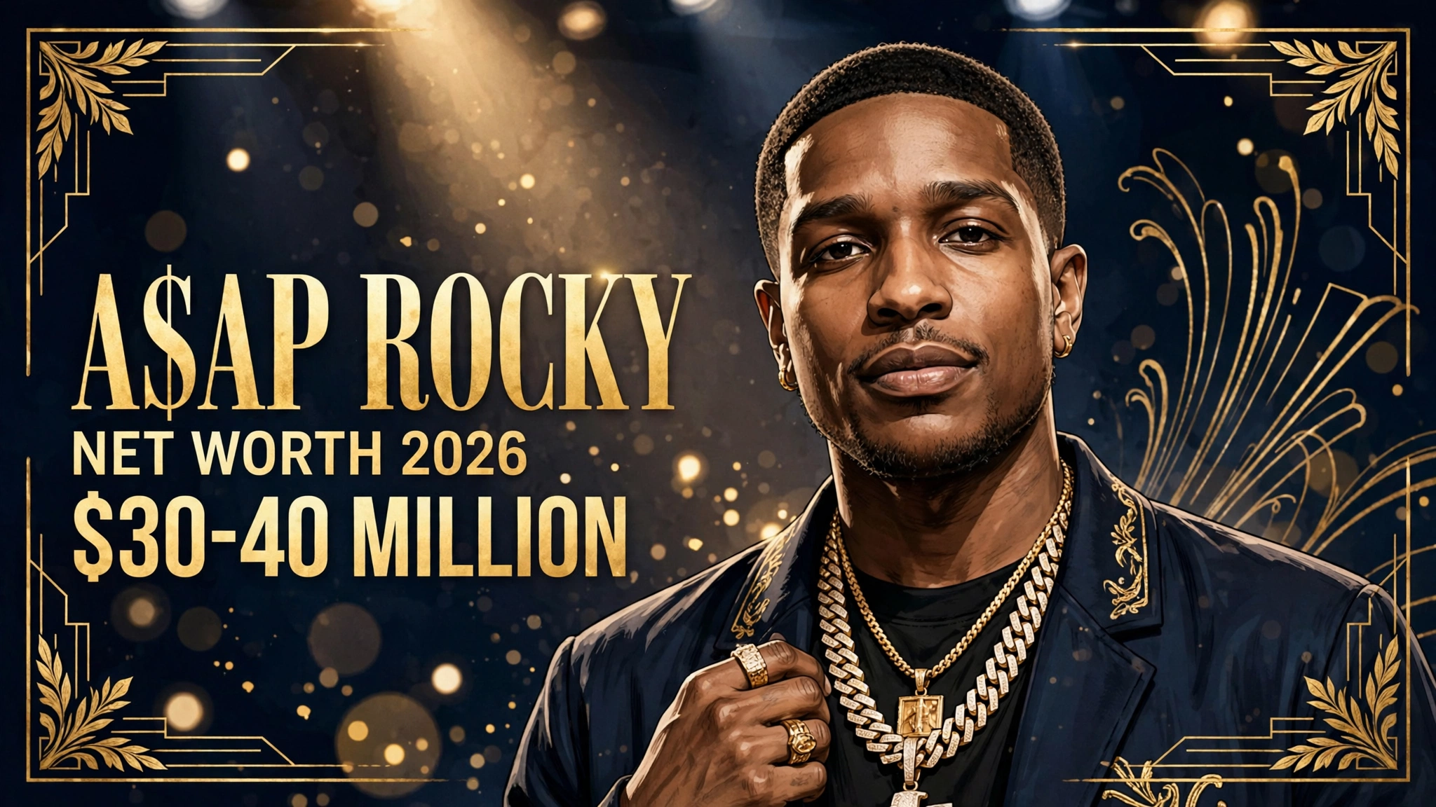 A$AP Rocky net worth 2026 — estimated $25 to $40 million fortune infographic