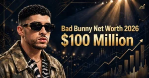 Bad Bunny net worth 2026 — estimated $100 million fortune infographic