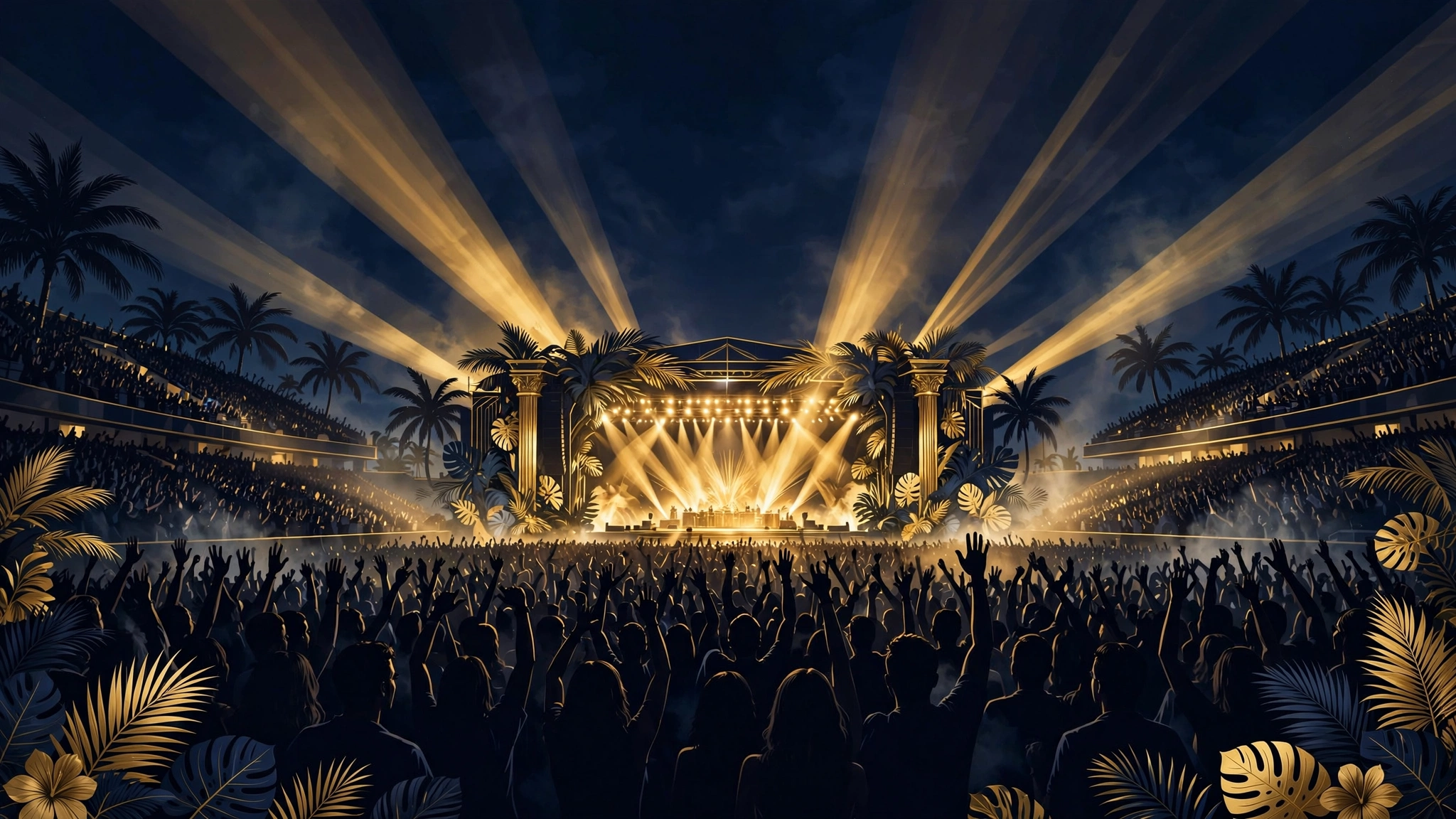 Illustrated packed tropical stadium concert at night — Bad Bunny's touring machine