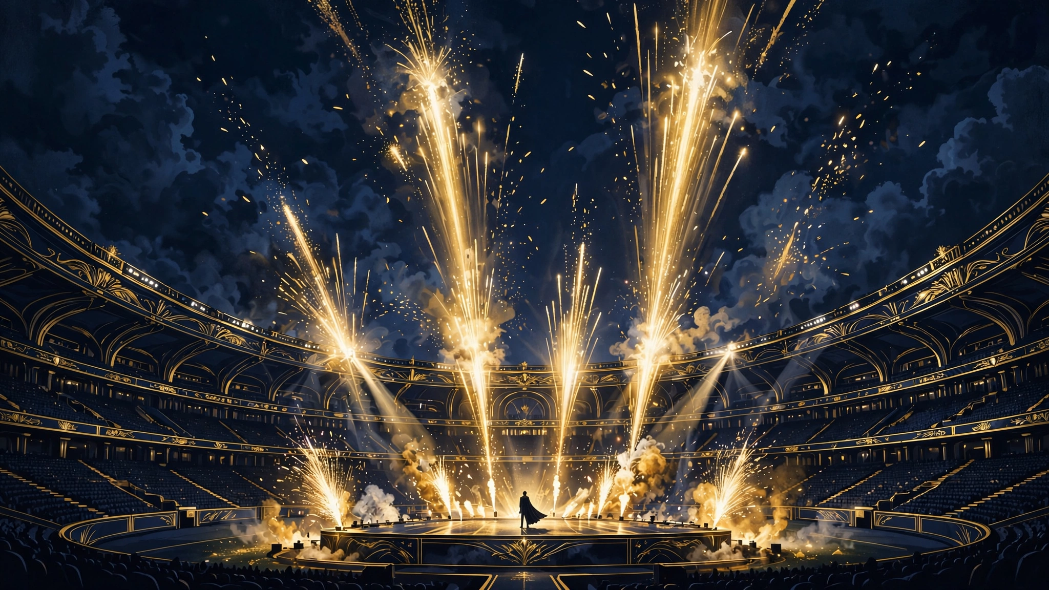 Illustrated halftime stage with golden pyrotechnics — Bad Bunny's Super Bowl moment