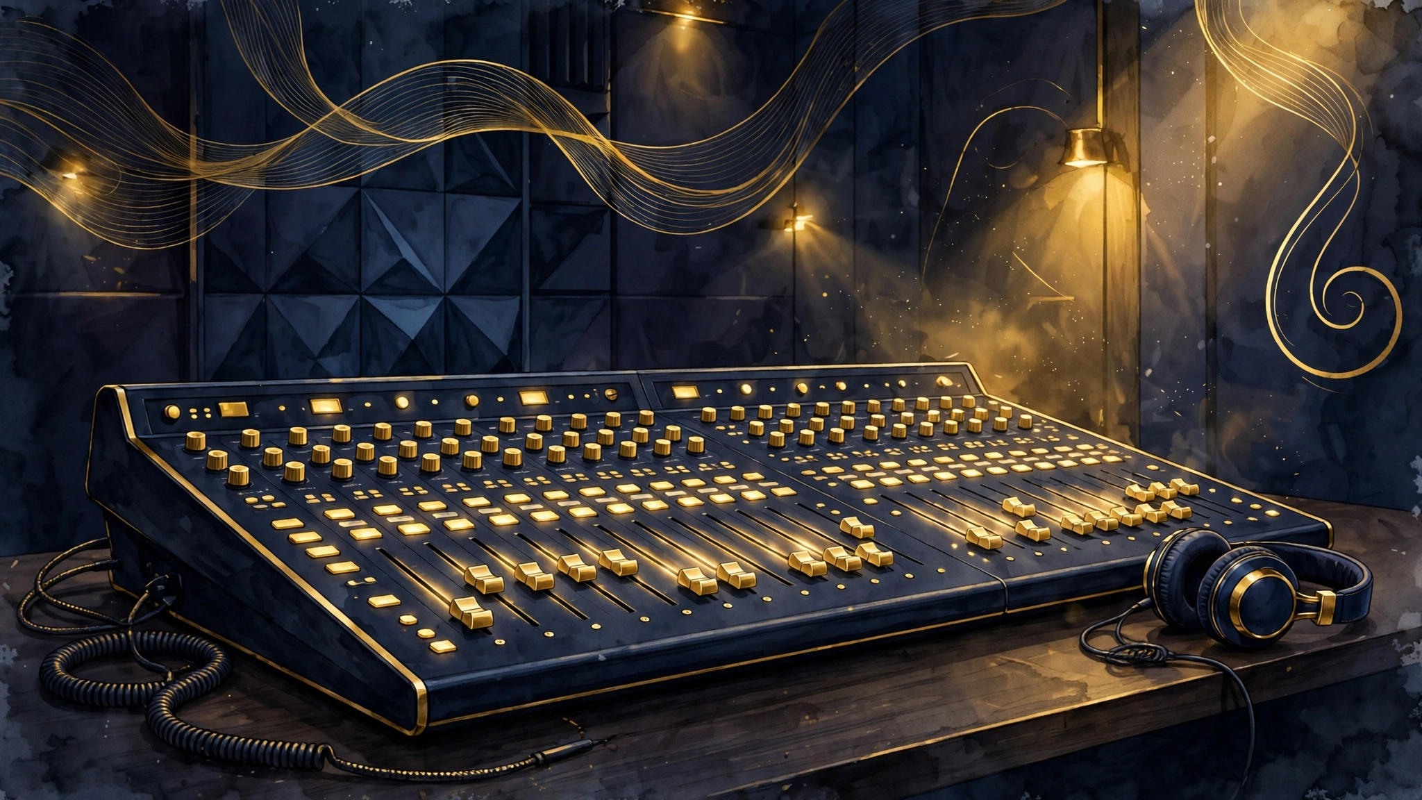 Illustrated studio mixing console with glowing faders — Benny Blanco producer pay