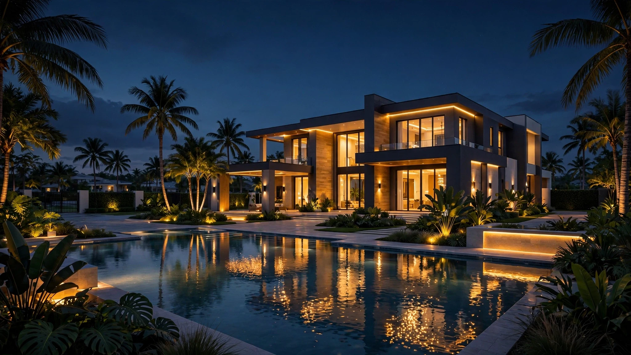 Illustrated view of Bhad Bhabie's Florida mansion estate at dusk, luxury real estate
