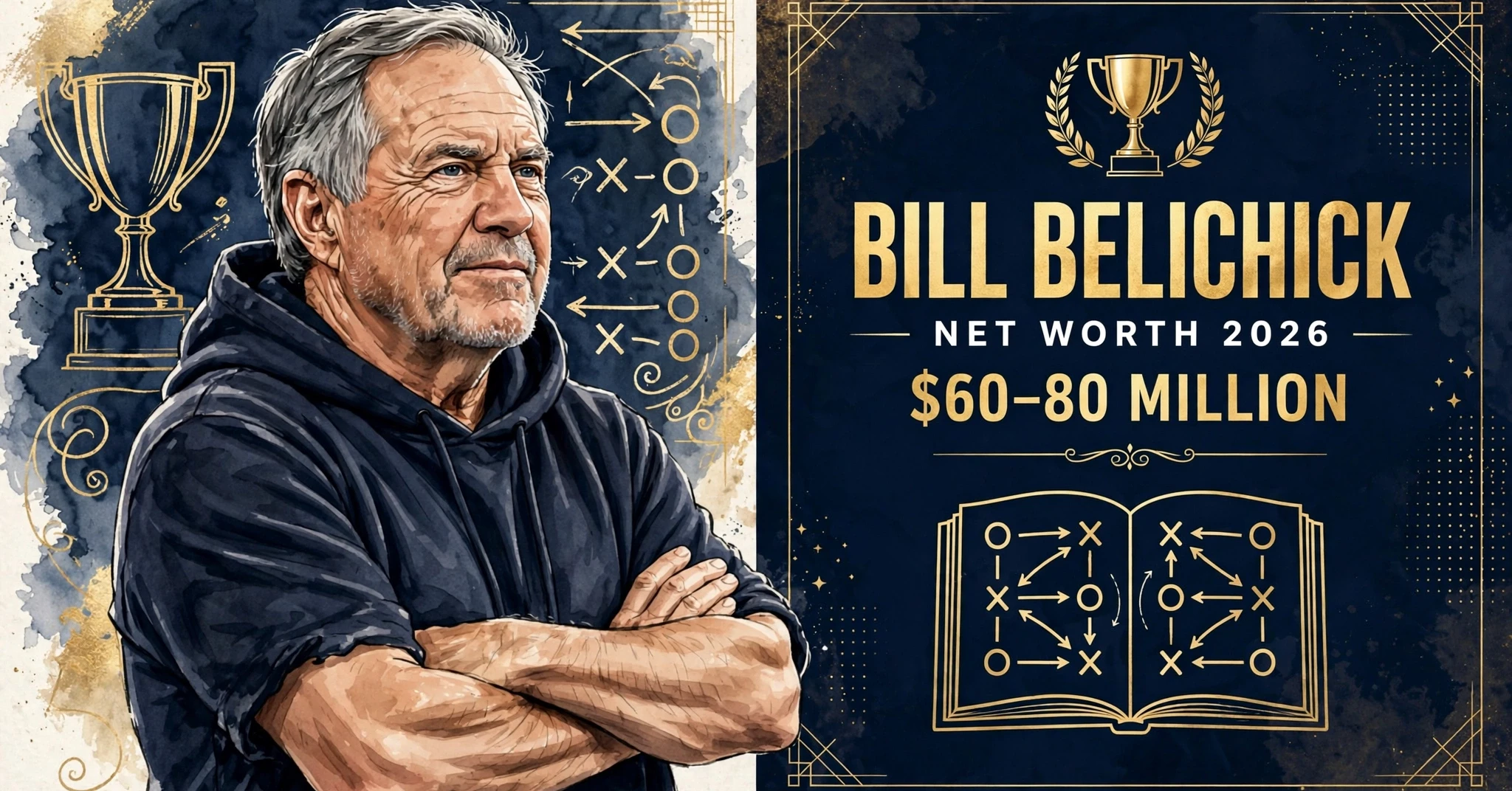 Bill Belichick net worth 2026 — estimated $60 to $80 million fortune infographic
