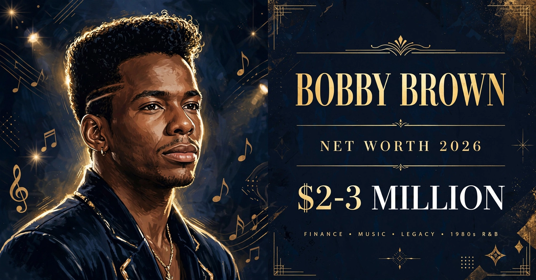 Bobby Brown net worth 2026 — estimated $2 to $3 million fortune infographic