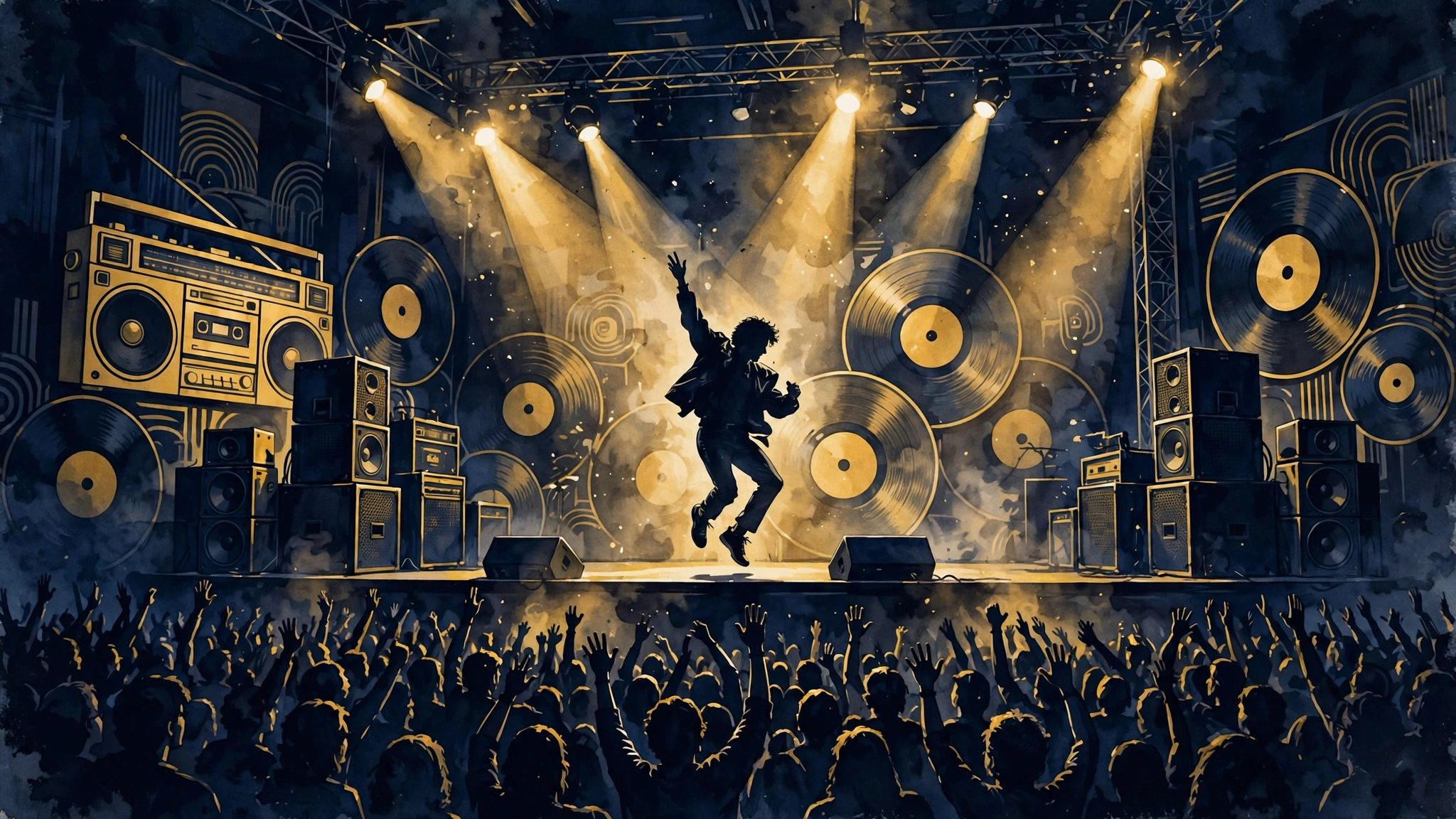 Illustrated 1989-era arena concert scene with a performer mid-dance under gold spotlights, boombox and vinyl motifs — evoking Bobby Brown's Don't Be Cruel peak