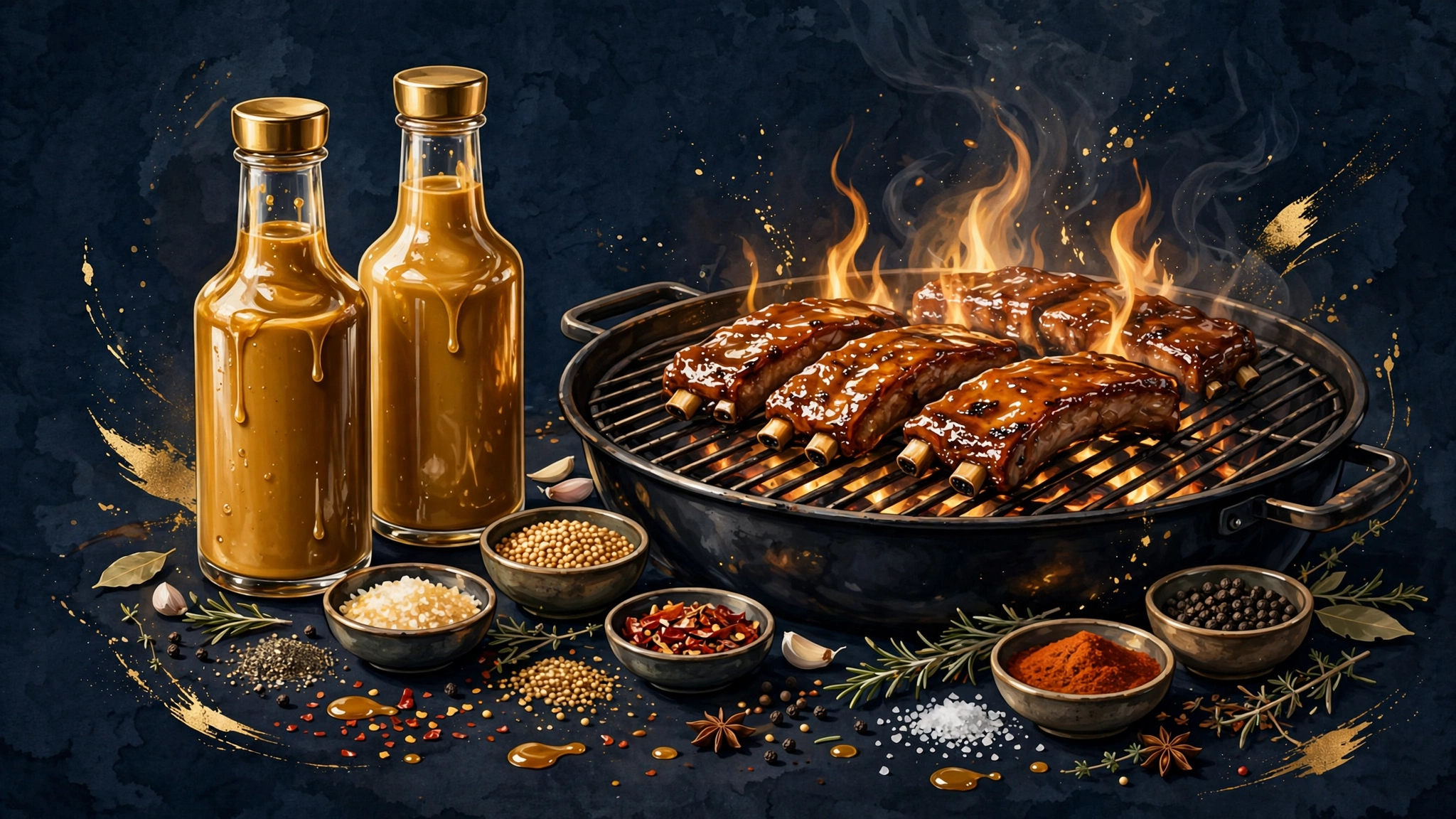 Illustrated premium barbecue scene with BBQ sauce bottles, glazed ribs on a grill, and spices — representing Bobby Brown's Bobby Brown Foods business