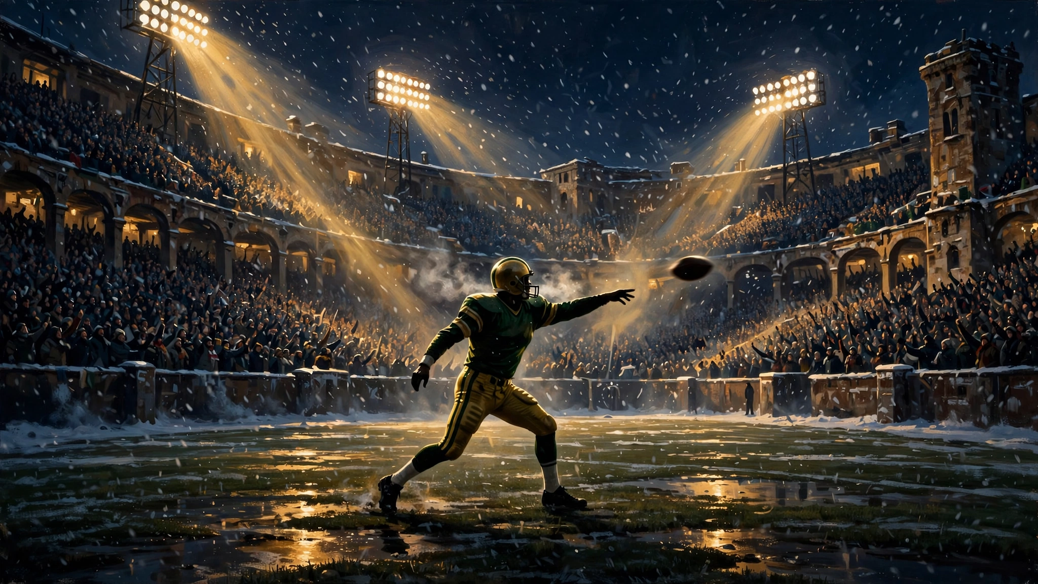Quarterback throwing in a snowy night stadium — NFL earnings era