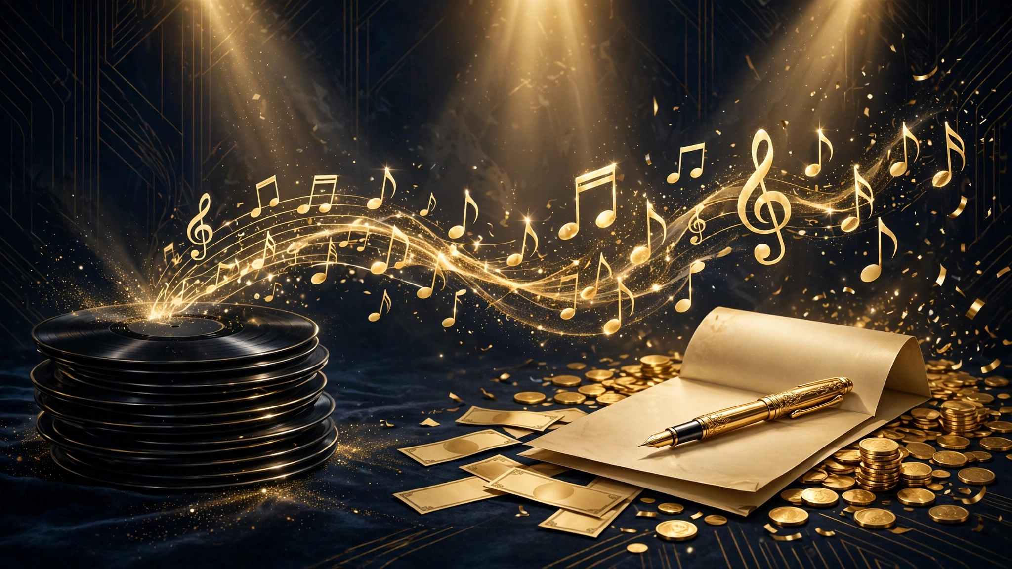 Illustrated concept of Britney Spears' music catalog deal — vinyl records and a contract representing the Primary Wave sale