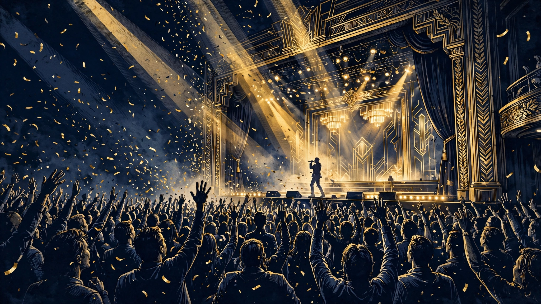 Illustrated concept of Britney Spears' Las Vegas residency — theater stage with spotlights and a massive concert crowd