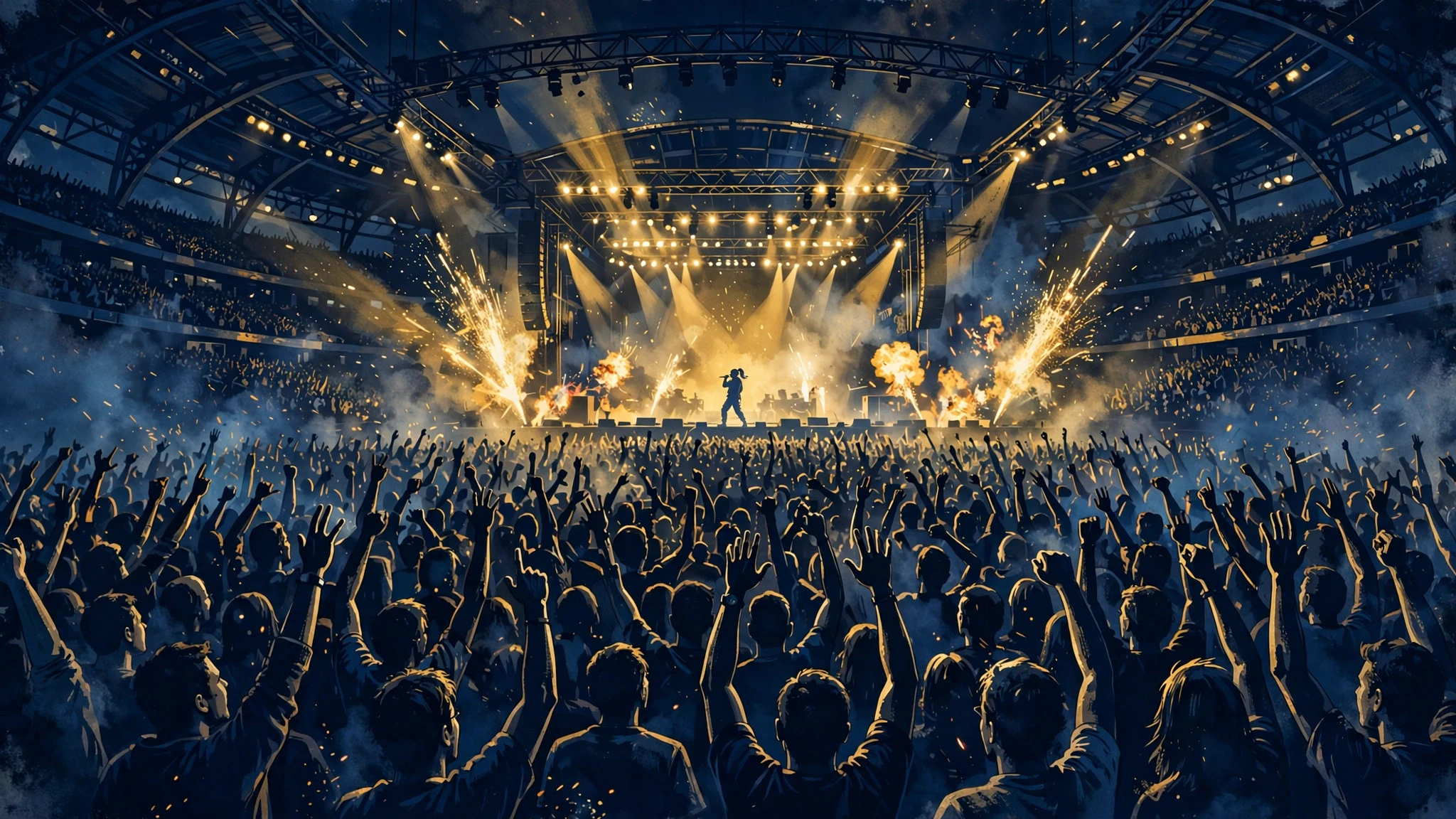Illustrated concert arena scene of Cardi B's Little Miss Drama Tour with dramatic stage lighting and a packed crowd