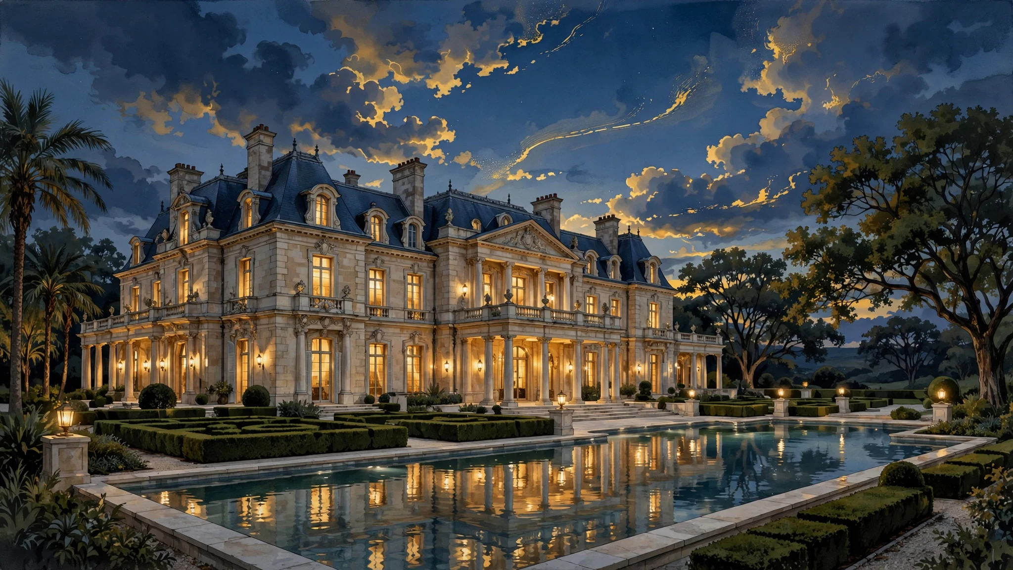 Illustrated luxury mansion exterior at dusk representing Cardi B's Buckhead Atlanta estate