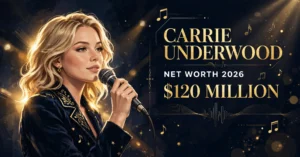Carrie Underwood net worth 2026 — estimated $100 to $140 million fortune infographic