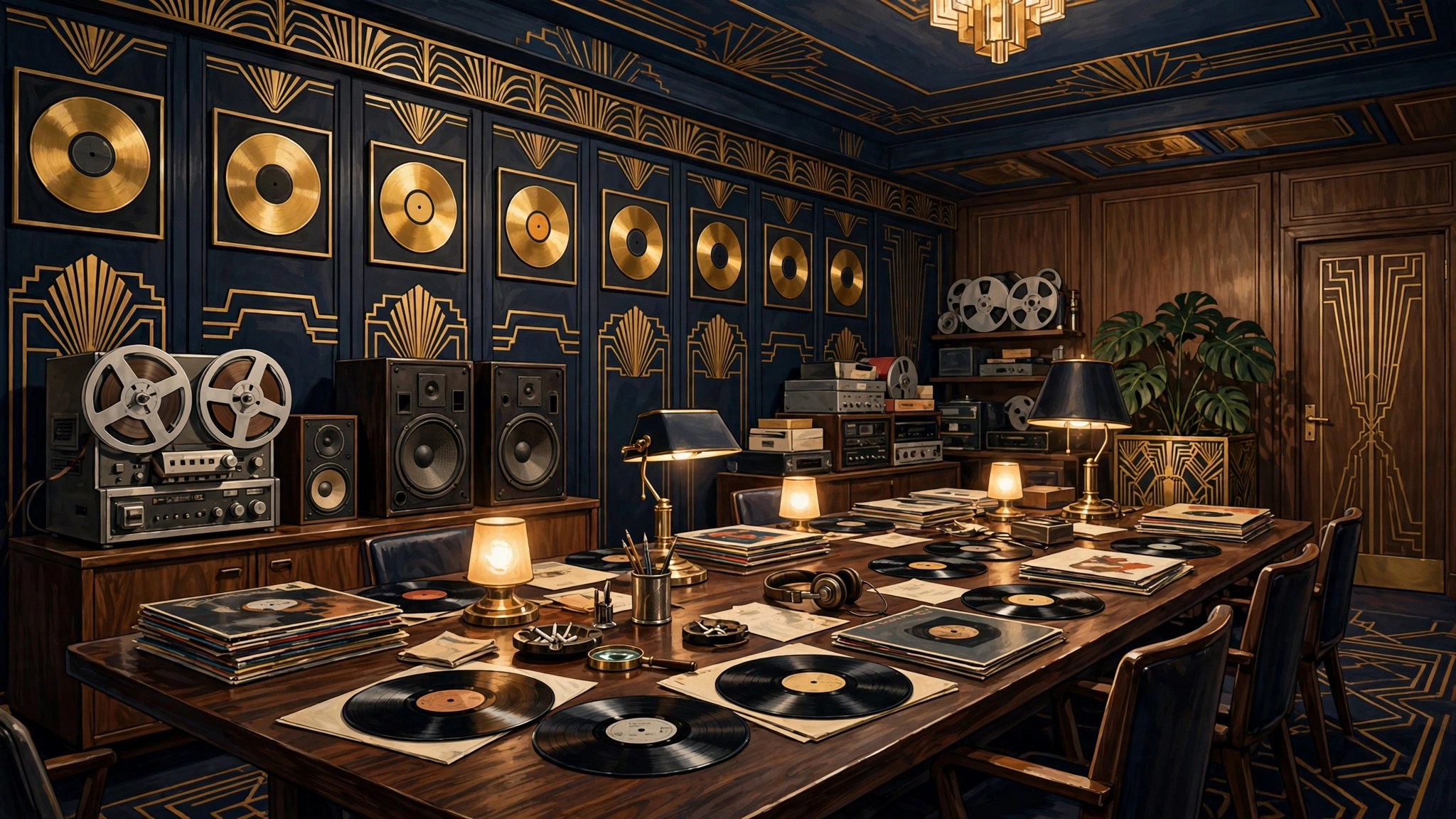 Illustrated 1970s record label boardroom with vinyl records and gold accents, evoking Clive Davis's Arista Records era