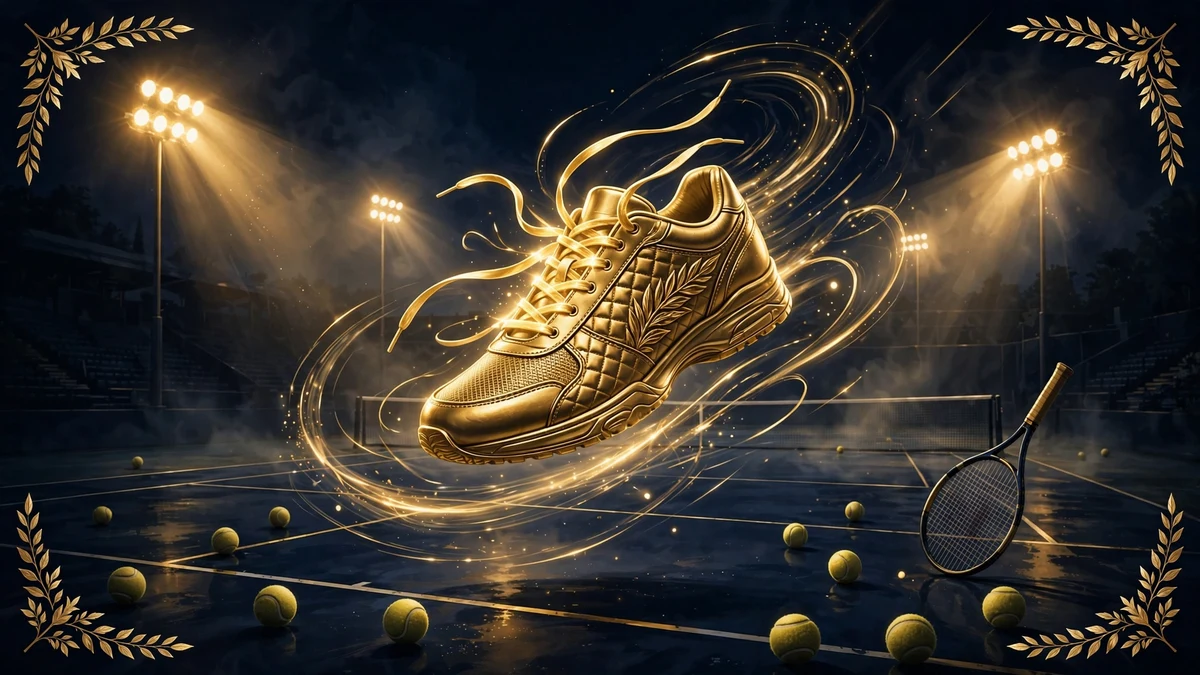Illustrated golden tennis shoe on a night court — Coco Gauff signature New Balance deal