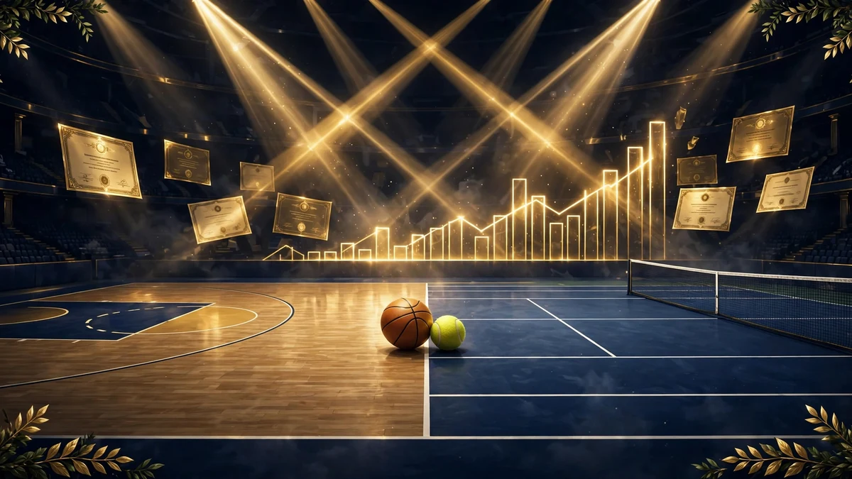 Illustrated basketball and tennis courts side by side under arena lights — Coco Gauff family sports legacy