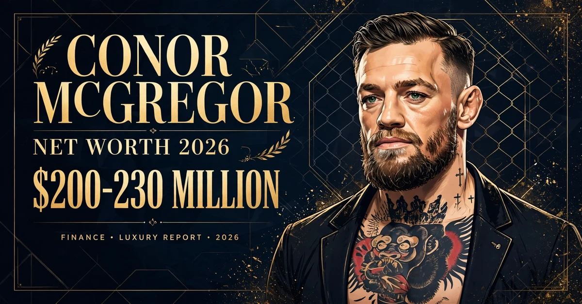 Conor McGregor net worth 2026 — estimated $200 to $230 million fortune infographic