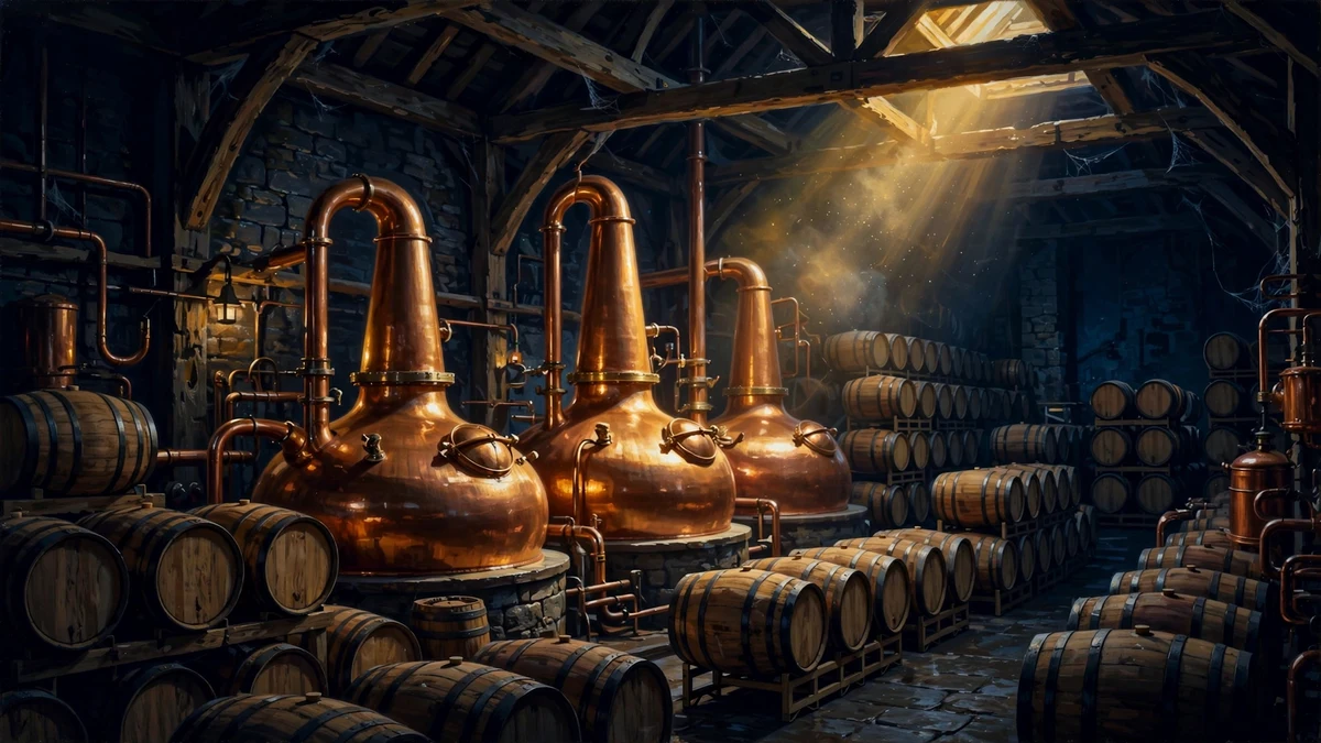 Illustrated whiskey distillery scene with copper stills and oak barrels in navy and gold, representing Conor McGregor's Proper No. Twelve business