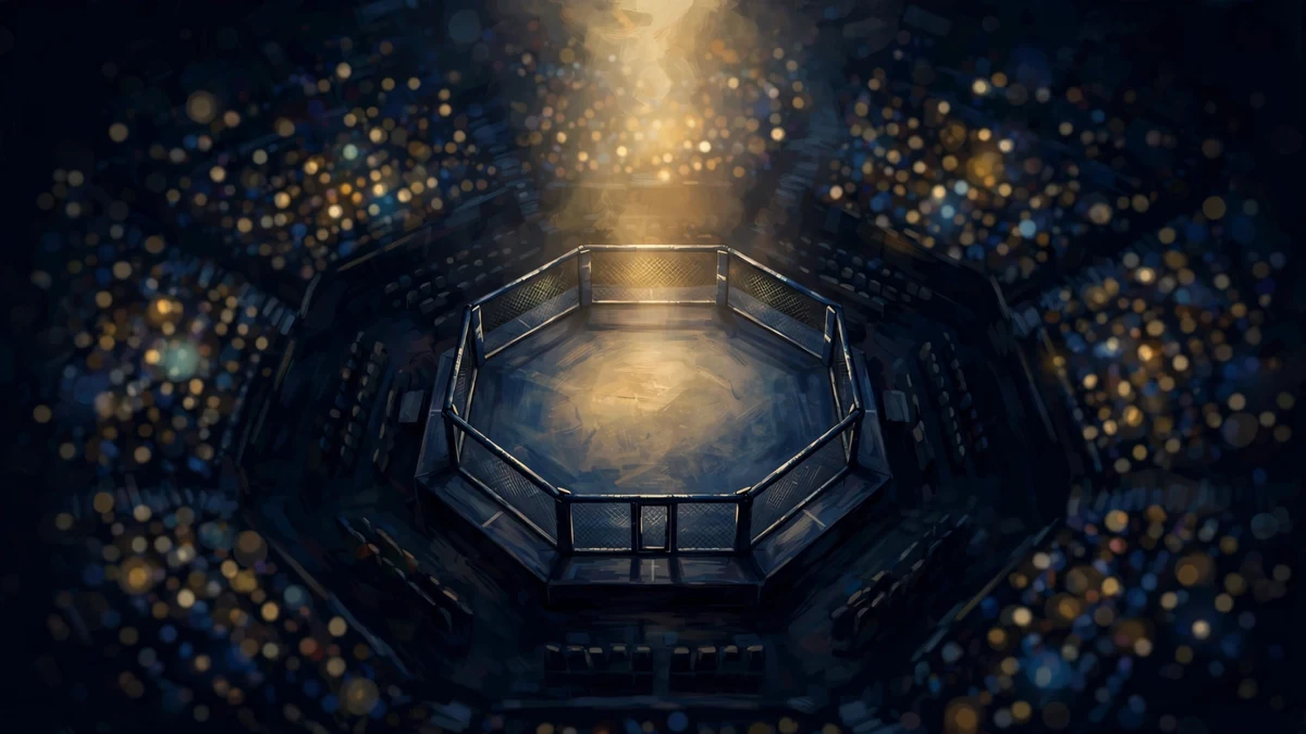 Illustrated MMA octagon arena under dramatic lights in navy and gold, representing Conor McGregor's UFC 329 comeback fight