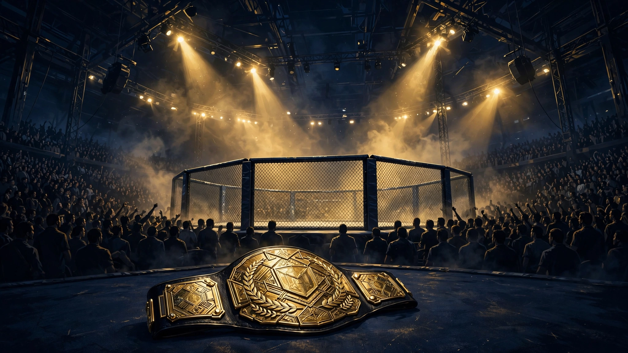 Illustrated packed MMA octagon arena at night with a championship belt in the foreground — the $4 billion UFC sale era