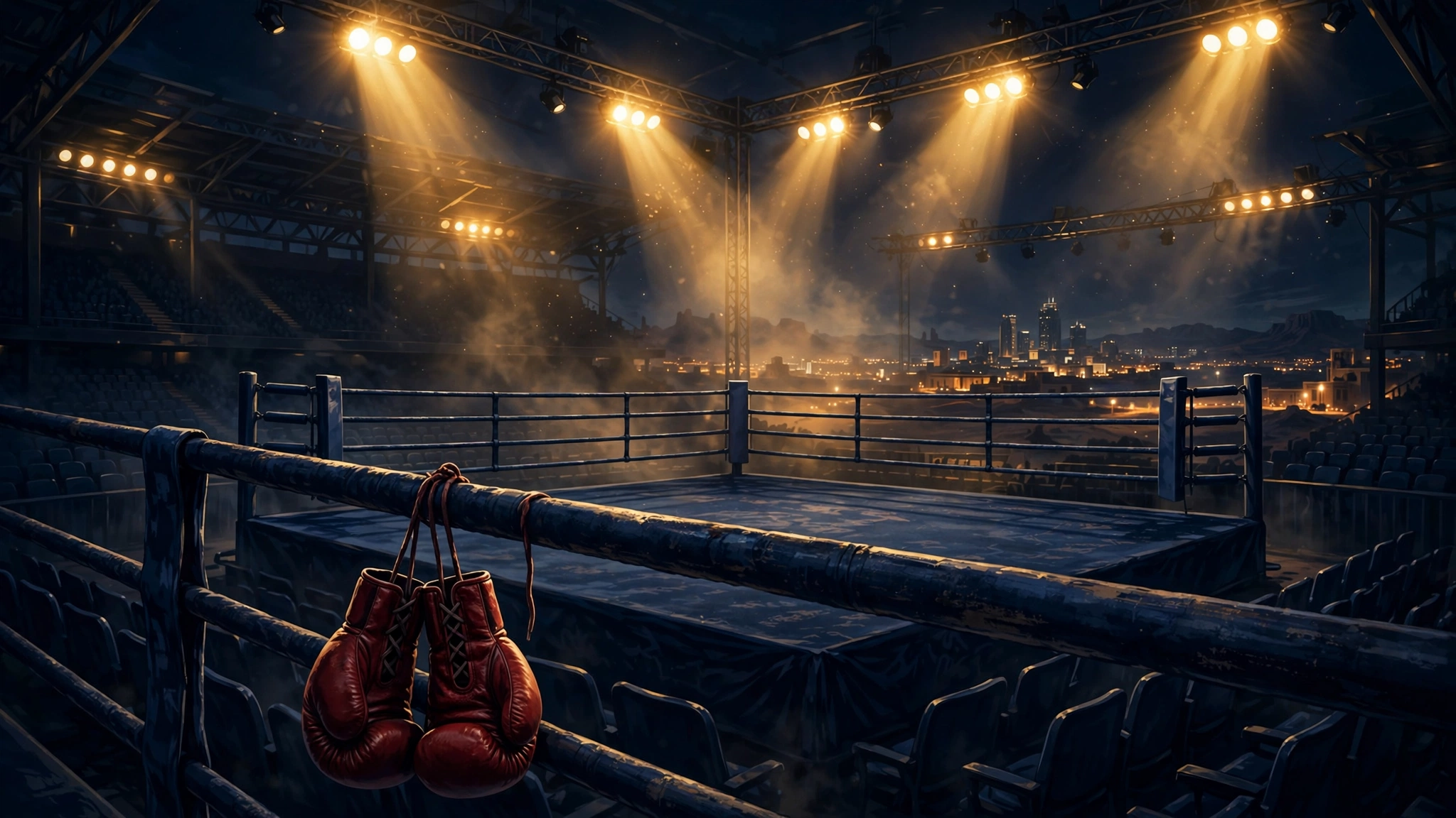 Illustrated empty boxing ring under golden arena lights with red gloves on the ropes — Zuffa Boxing's 2026 launch