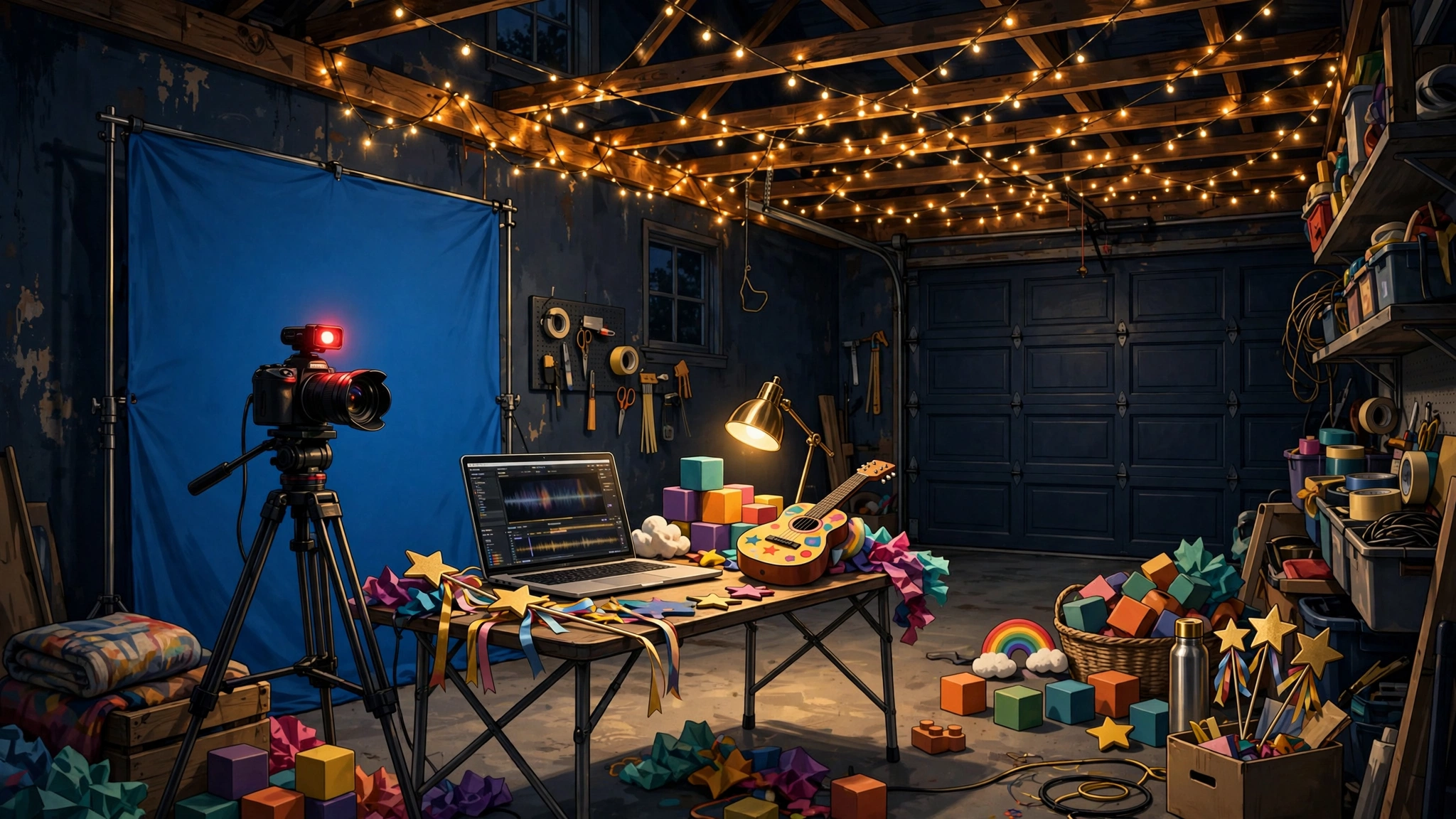 Illustrated garage studio with a blue screen, camera, and kids' show props evoking Danny Go's 2019 origins