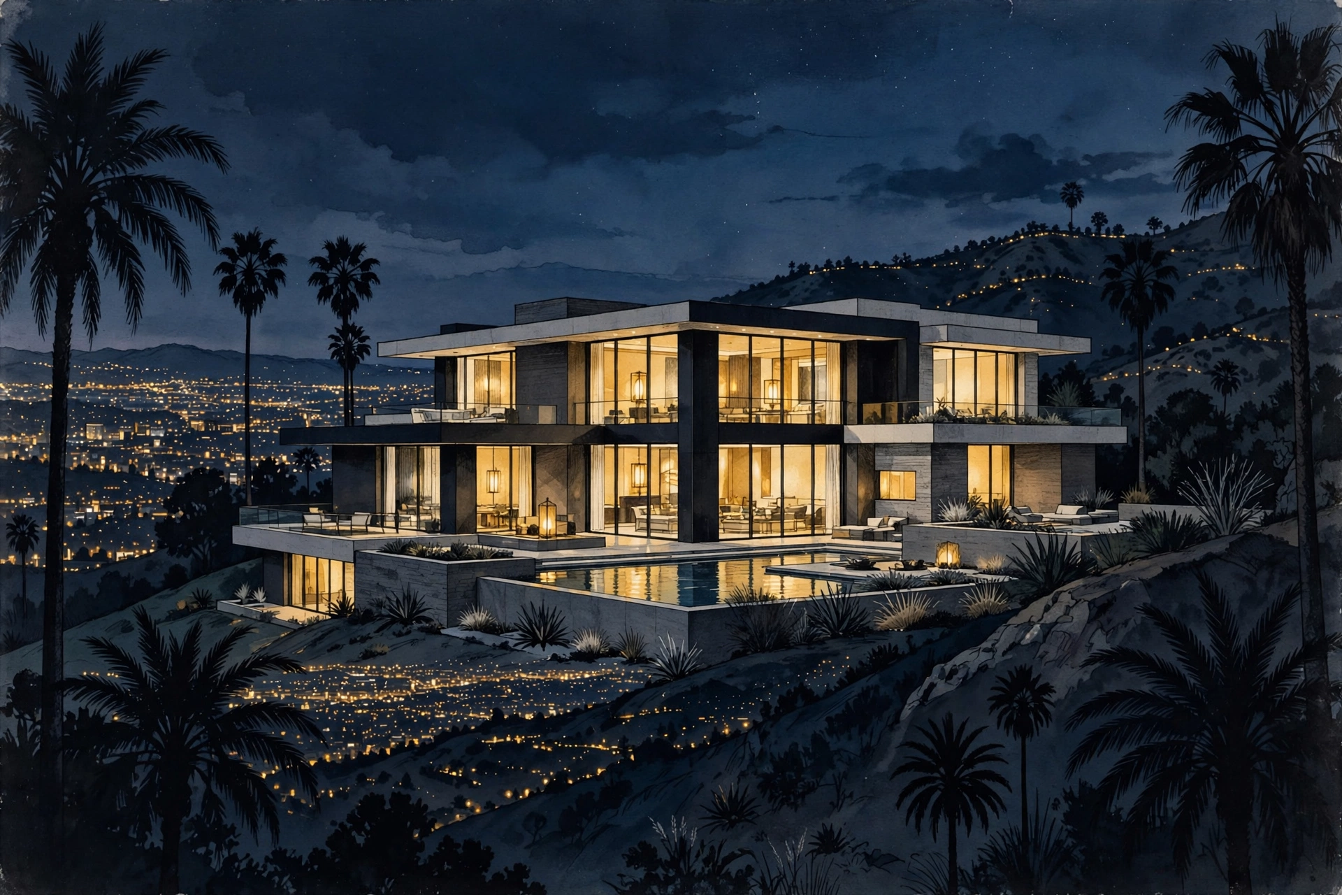 Illustrated Hollywood Hills mansion at dusk — Danny Masterson real estate