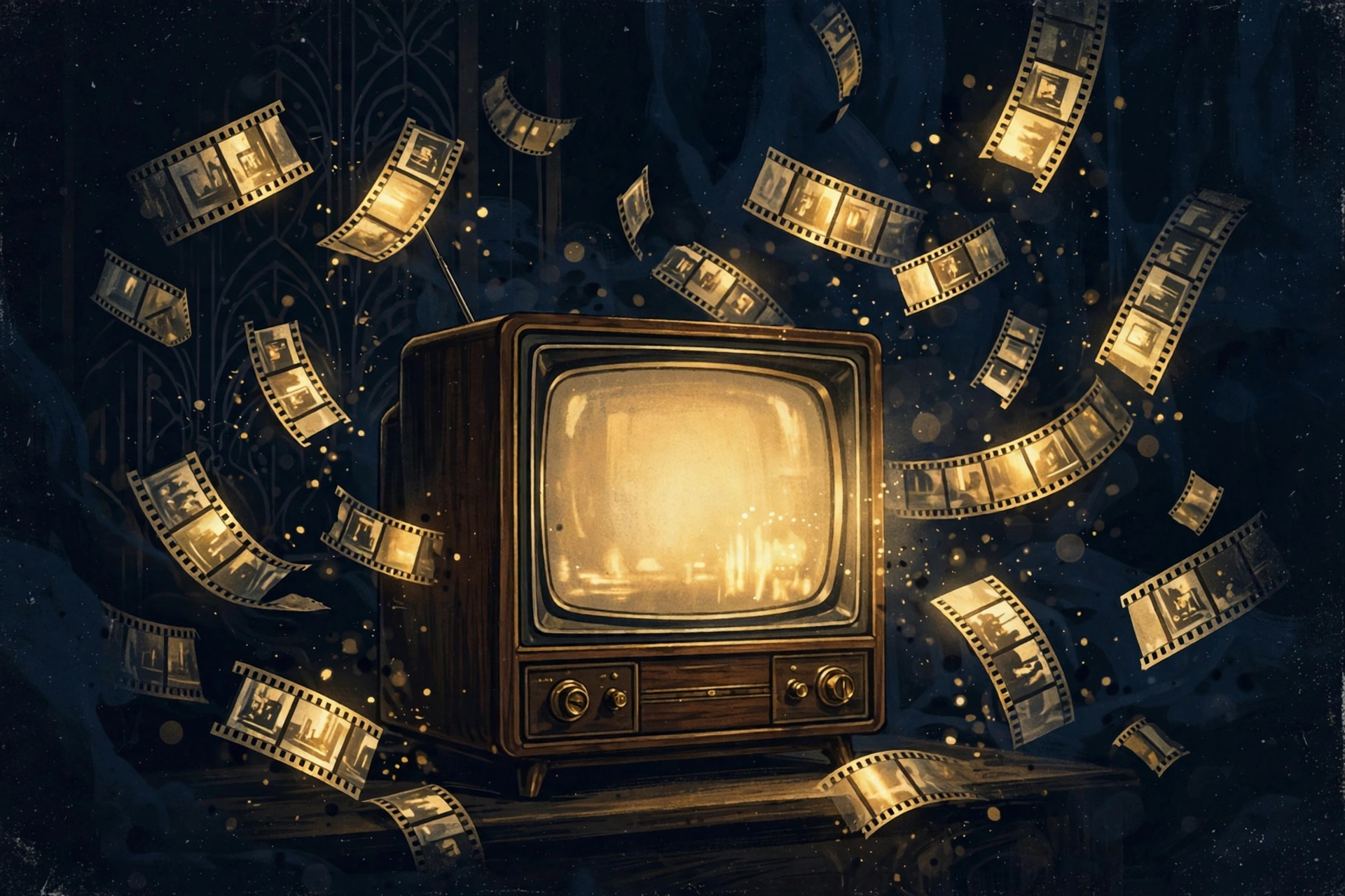 Illustrated vintage TV with floating film strips — That 70s Show residuals
