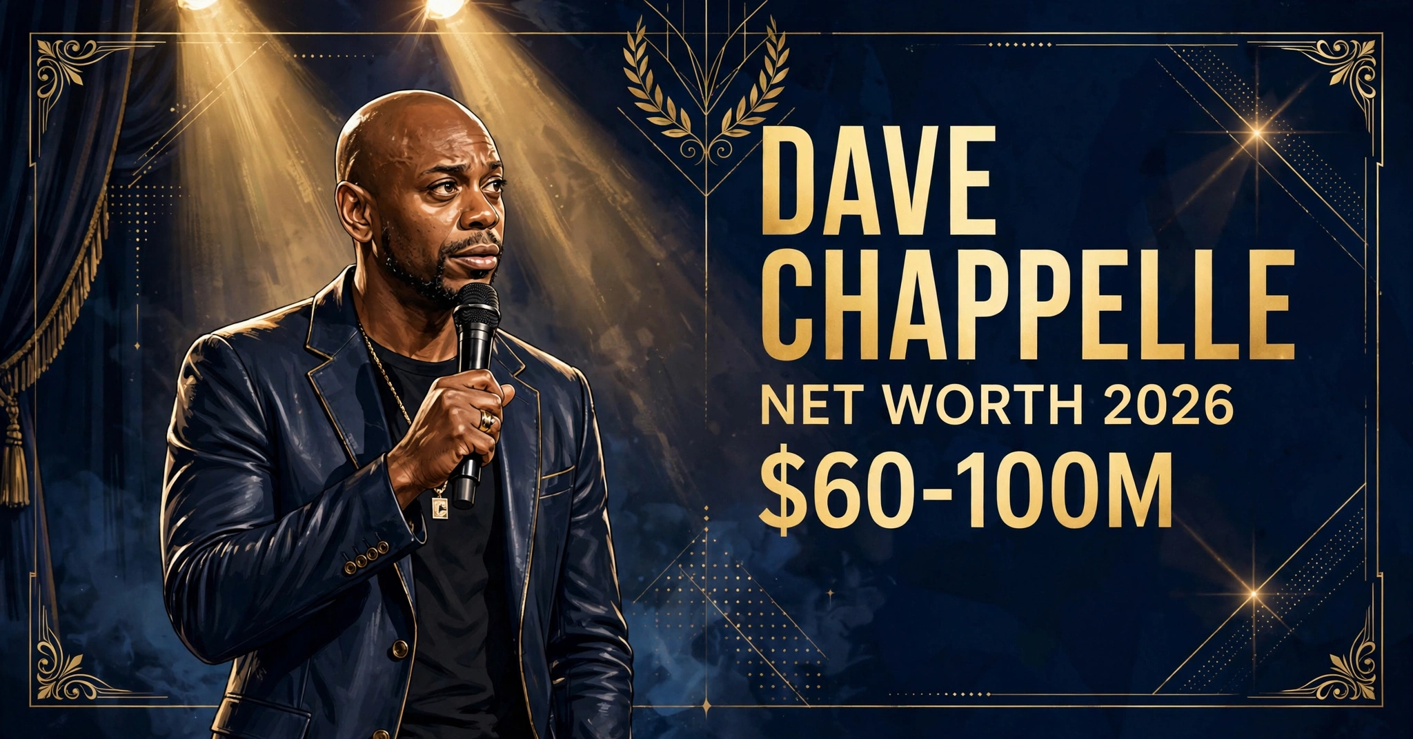 Dave Chappelle net worth 2026 — estimated $60 to $100 million fortune infographic