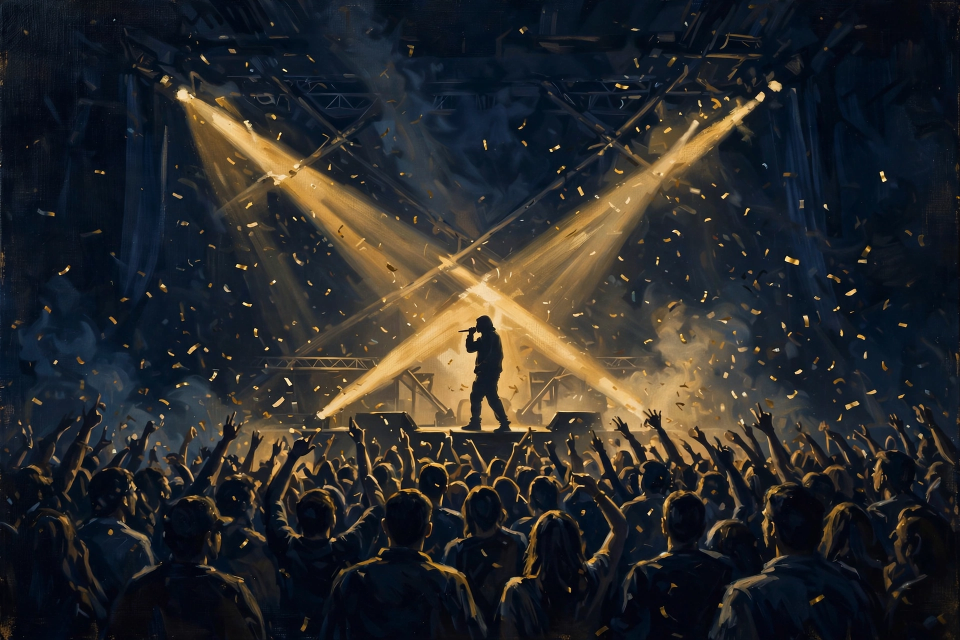 Concert stage with silhouette performer and cheering crowd — music catalog