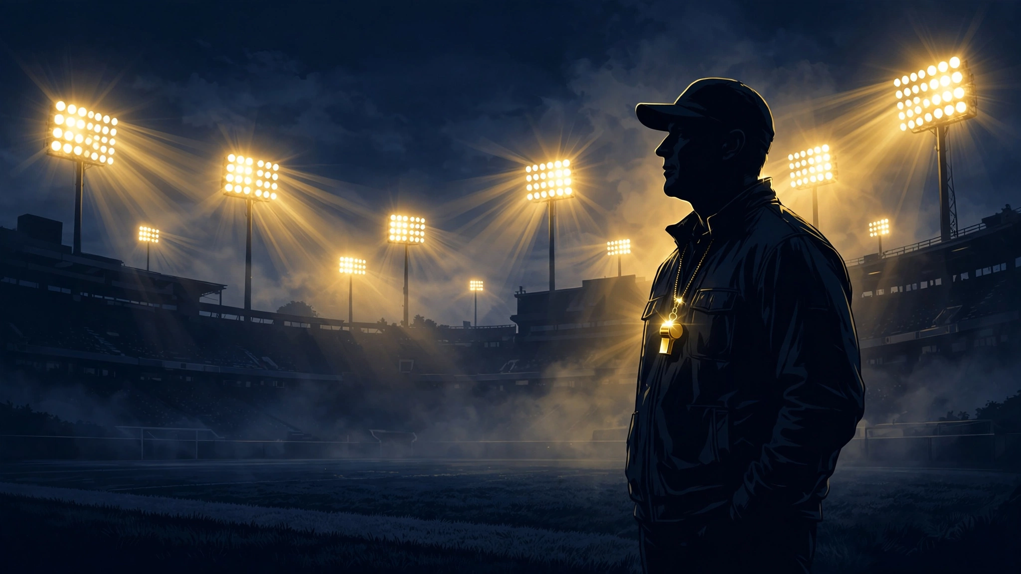 Illustrated coach silhouette with golden whistle on a floodlit sideline — Deion Sanders' Colorado contract