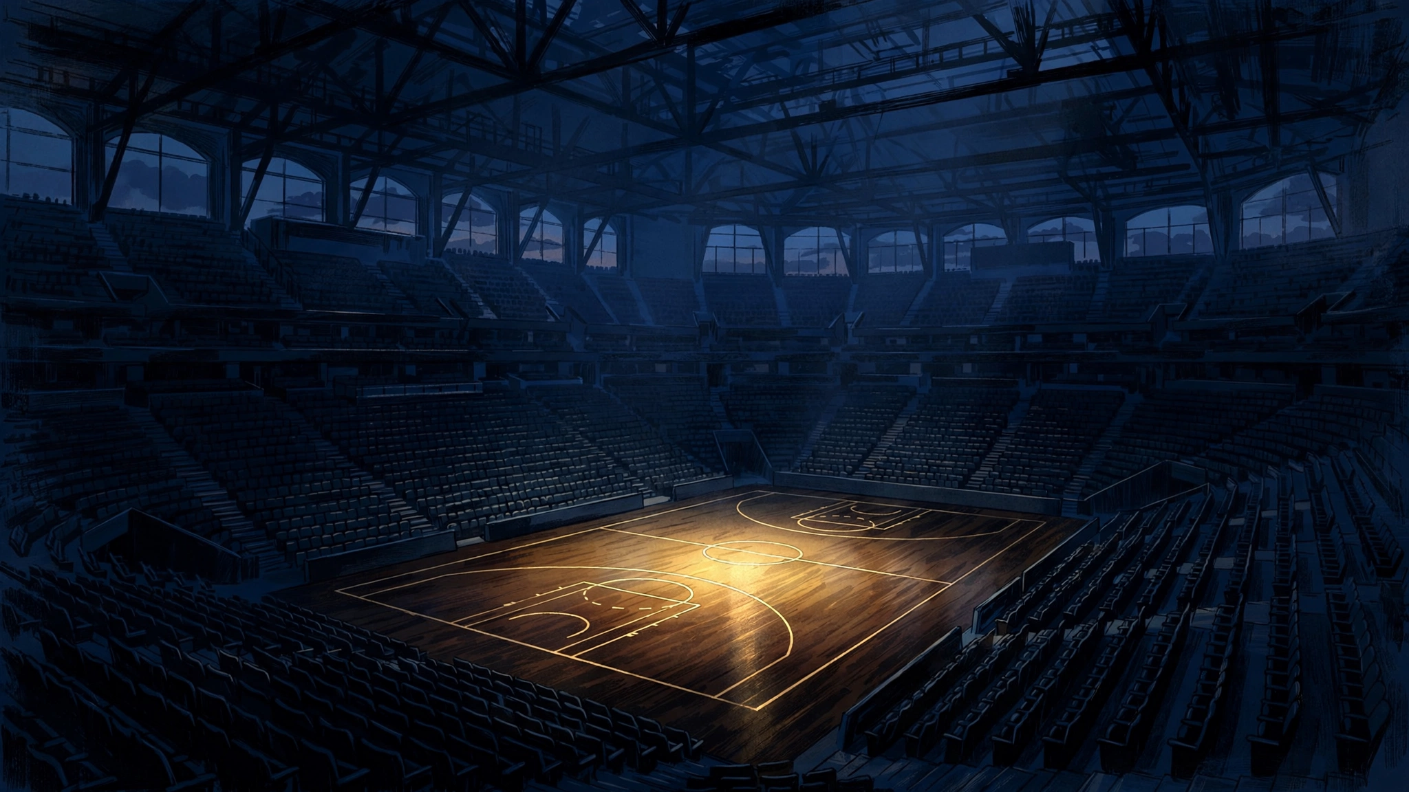 Illustrated empty NBA arena at dusk in navy and gold, Delonte West career earnings context