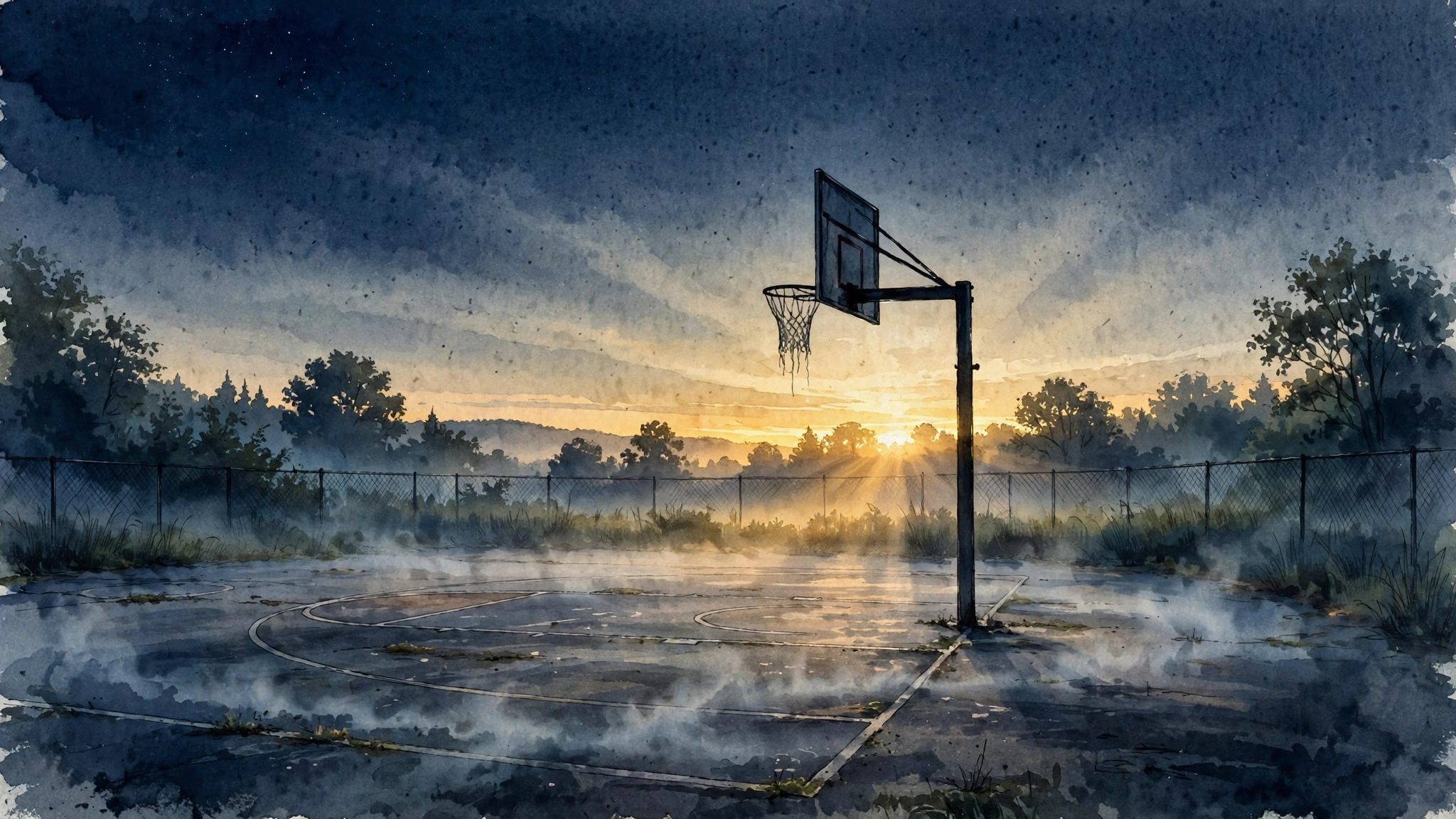 Illustrated sunrise over a quiet basketball court in navy and gold, Delonte West 2026 recovery context
