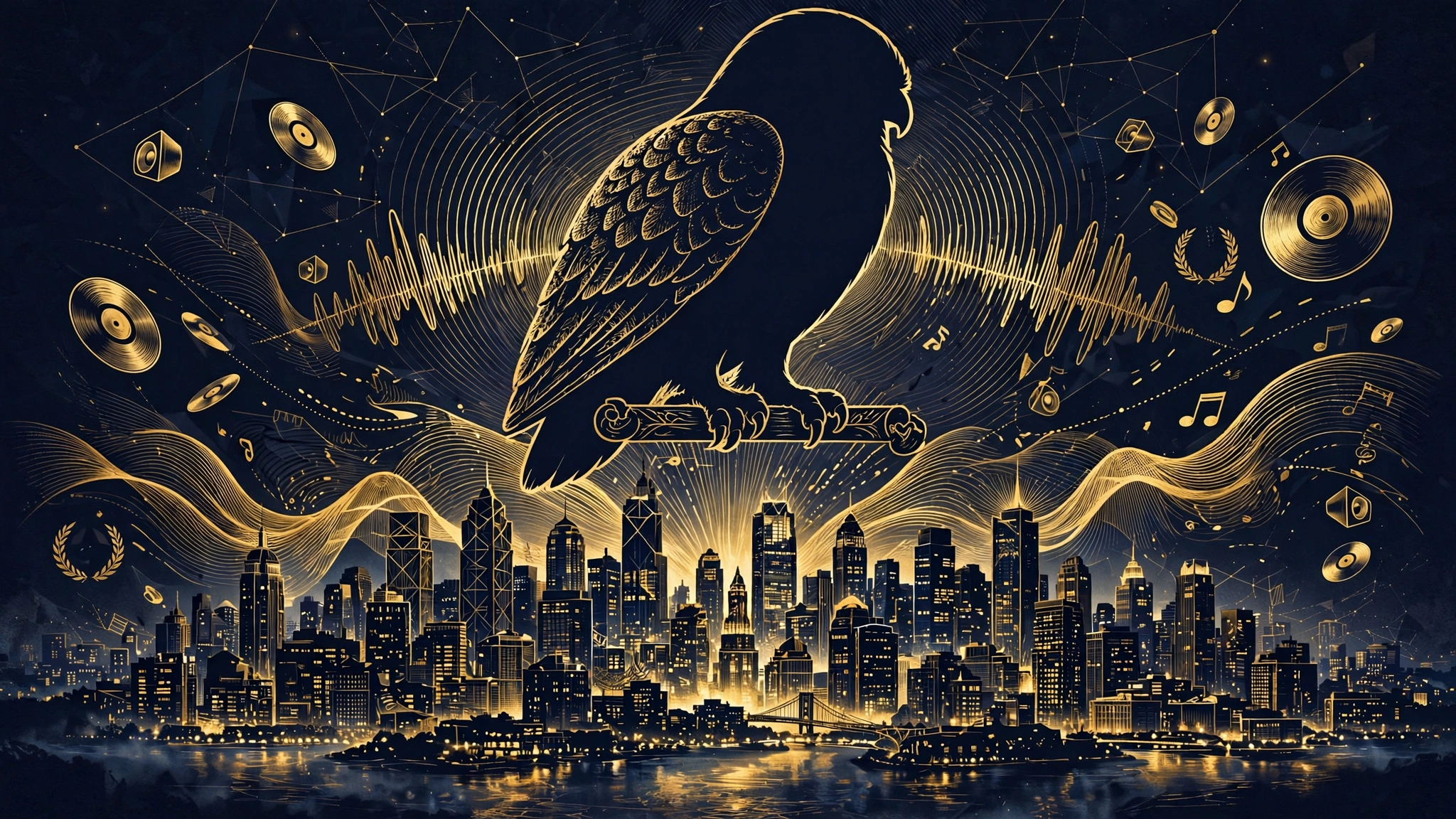 Illustrated OVO owl over a glowing city skyline — the streaming catalog empire