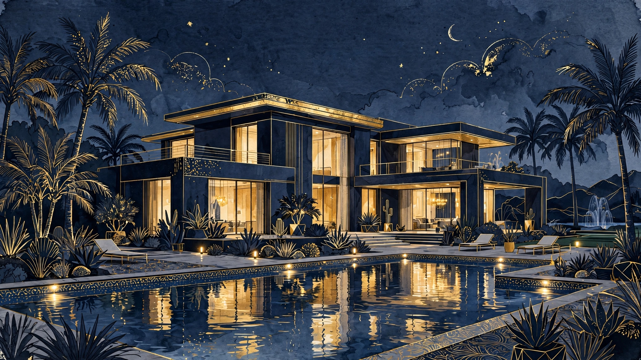 Illustrated luxury mansion at dusk — the Beverly Hills real estate flip