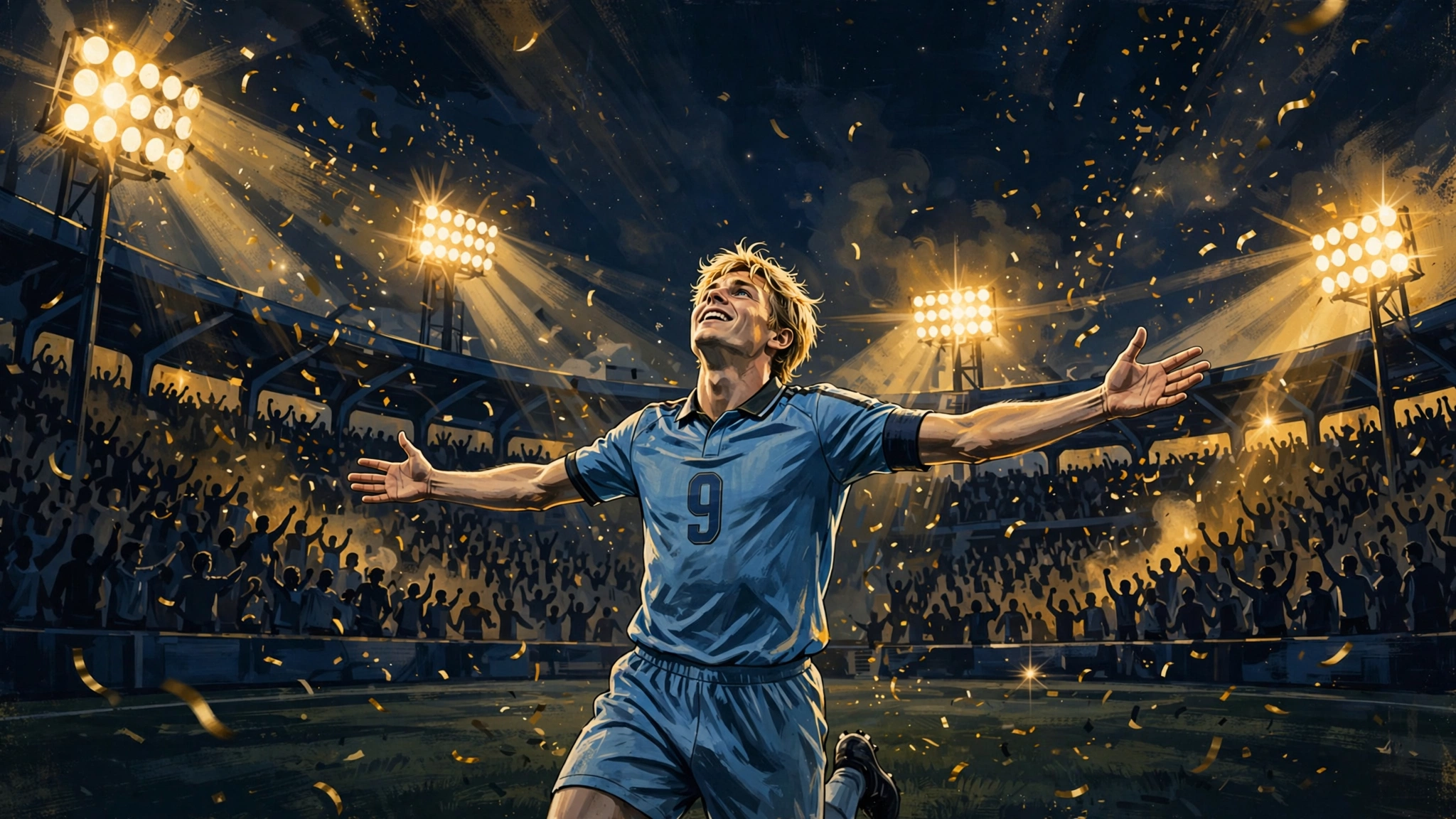 Illustrated scene of a football stadium at night in navy and gold, a striker in a sky-blue number 9 shirt celebrating a goal