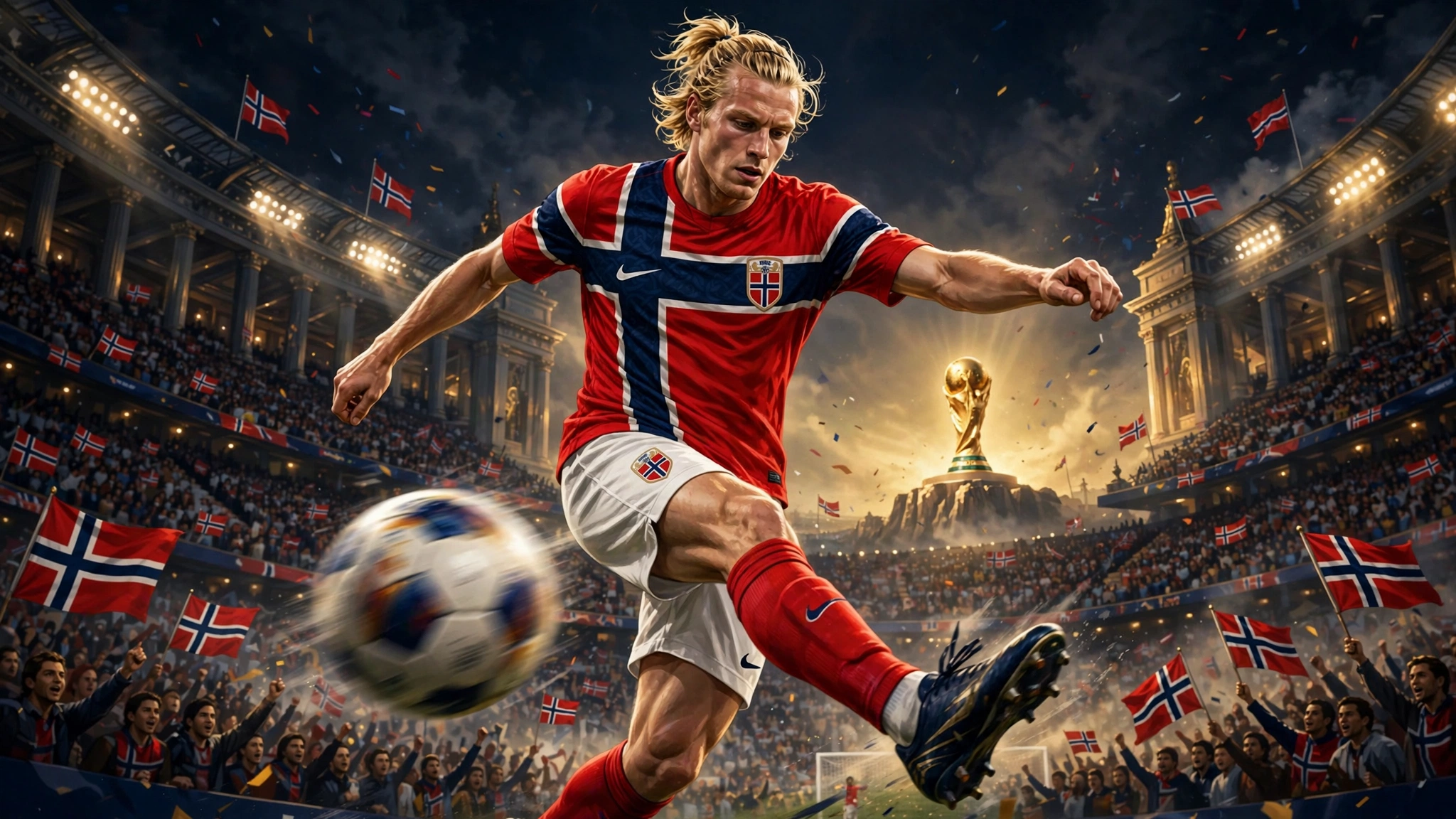 Illustrated scene of a striker in a red Norway kit striking a ball on a World Cup stage, golden trophy glow in navy and gold tones