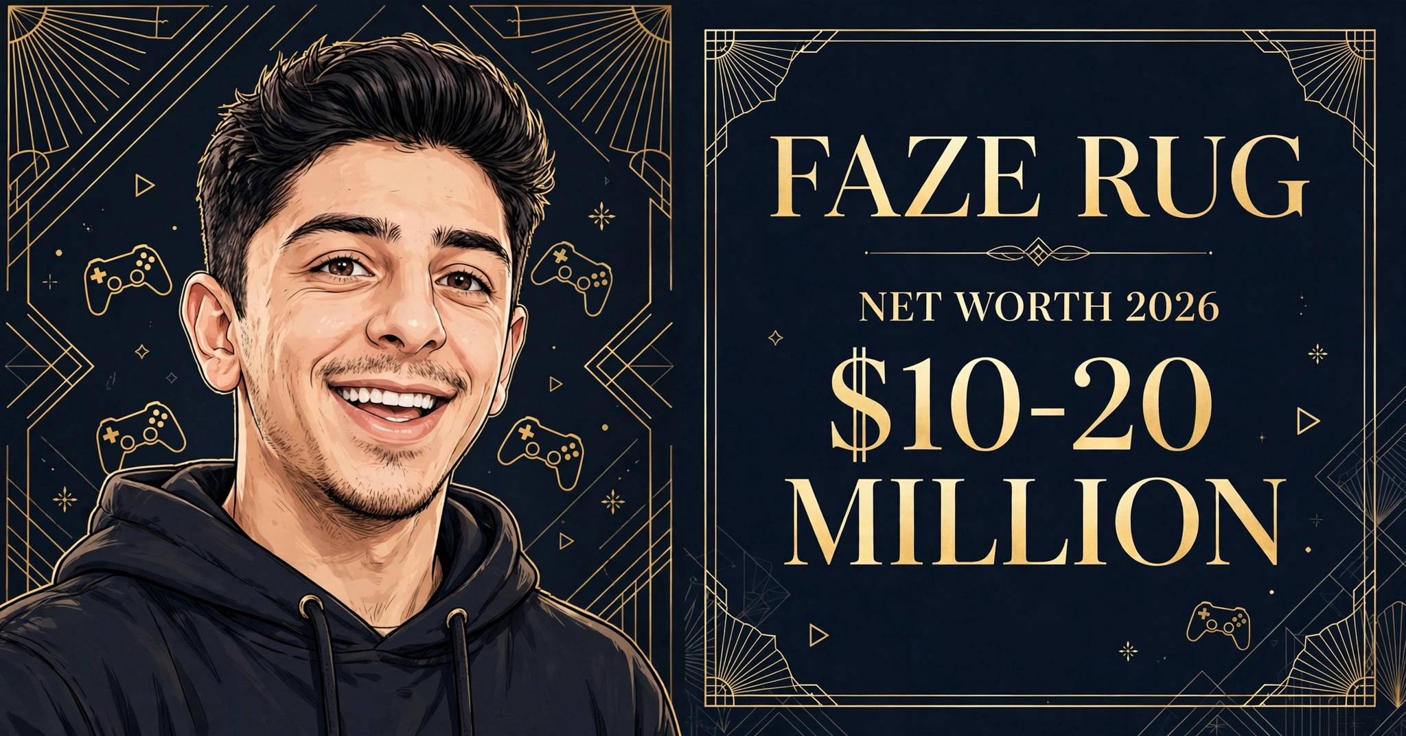 FaZe Rug net worth 2026 — estimated $10 to $20 million fortune infographic