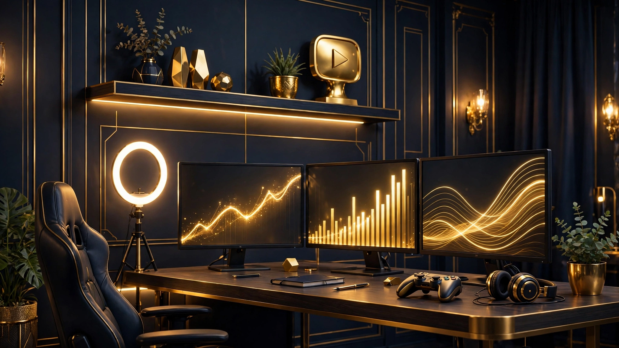 Illustrated YouTube creator studio with gold analytics graphs representing FaZe Rug's channel revenue