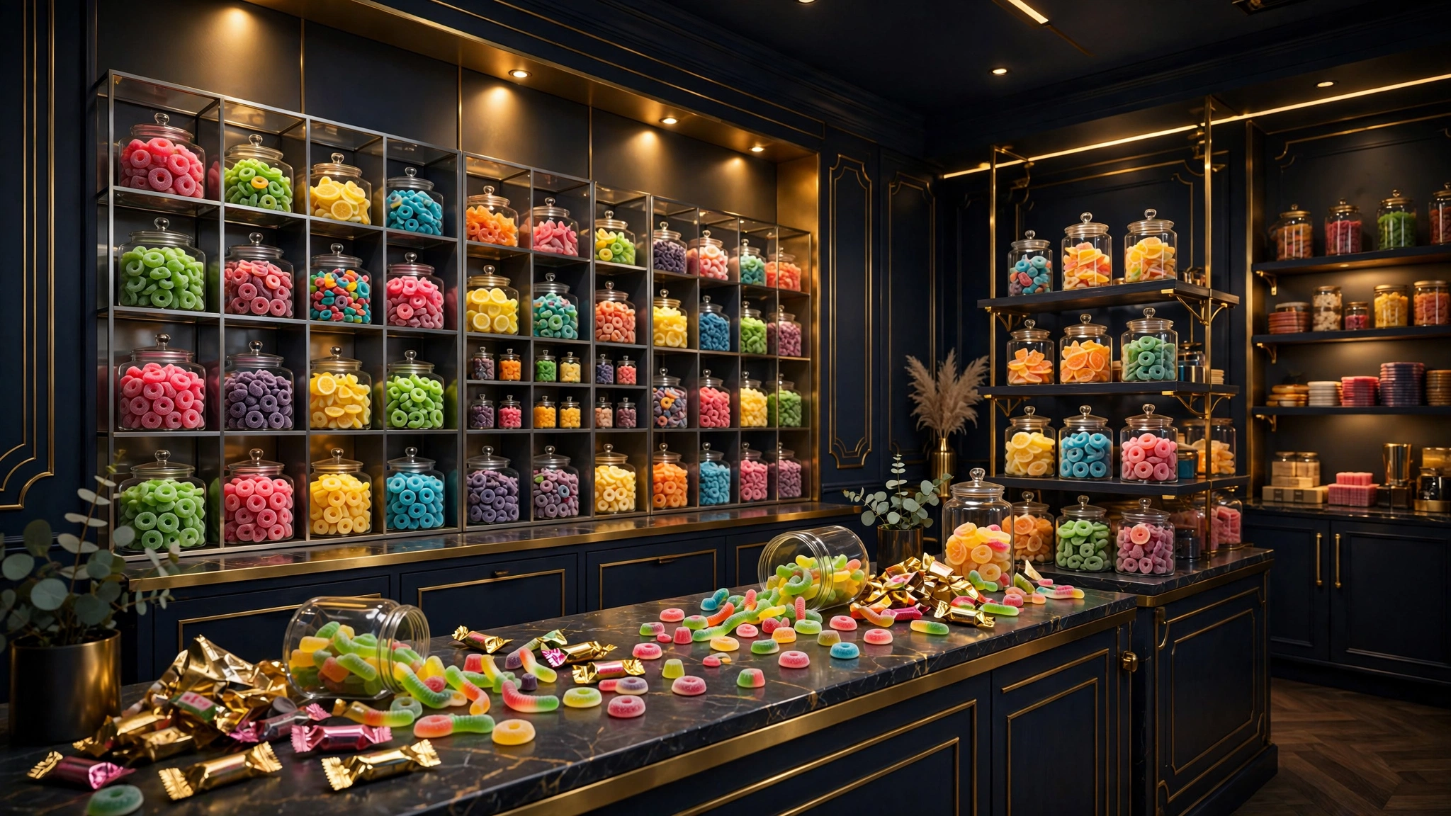 Illustrated candy store display with sour gummy packaging representing FaZe Rug's 1UP Candy business