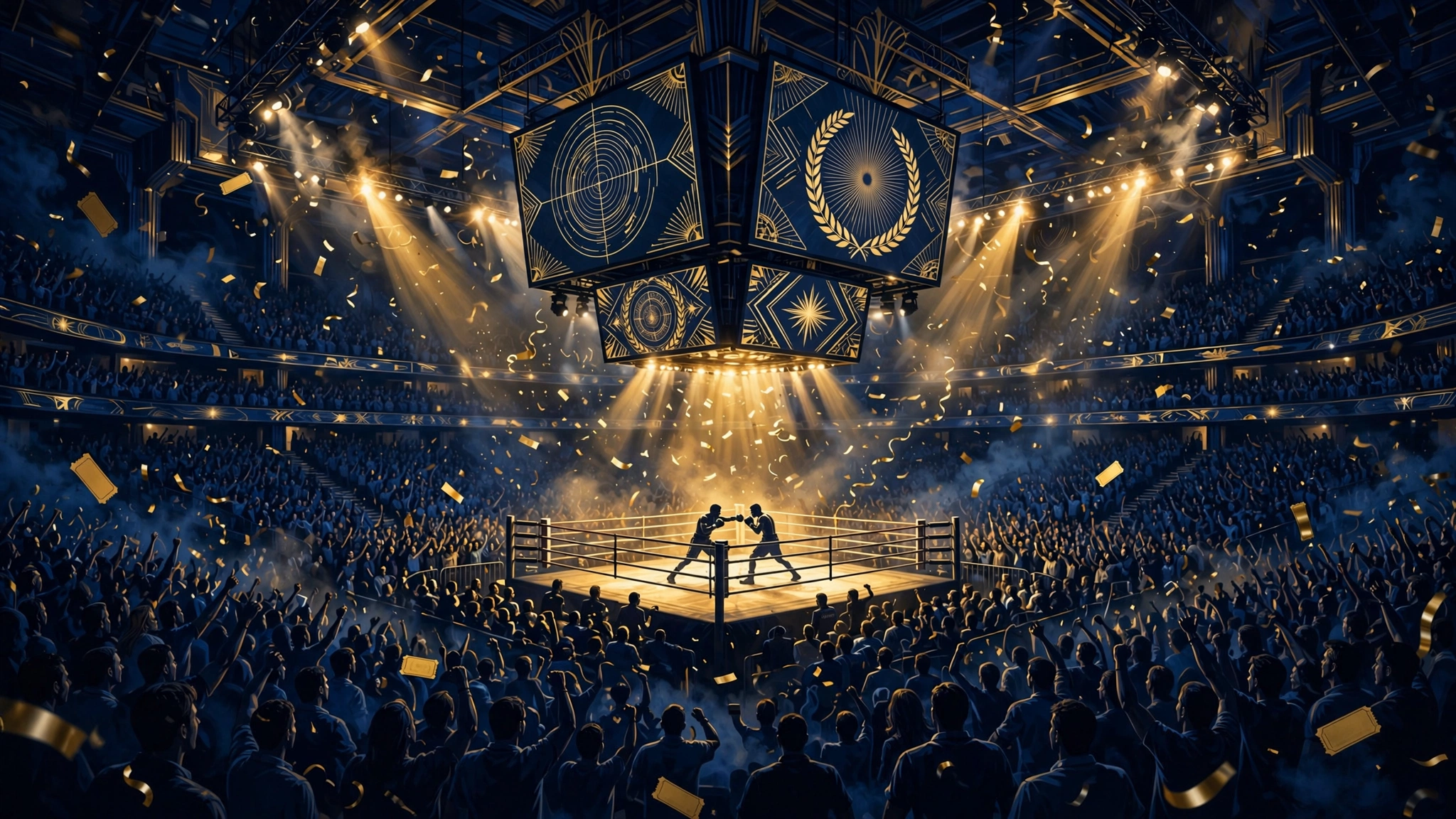 Illustrated Las Vegas boxing arena at night with a packed crowd, golden spotlights and a championship ring — the pay-per-view spectacle behind Floyd Mayweather's biggest purses