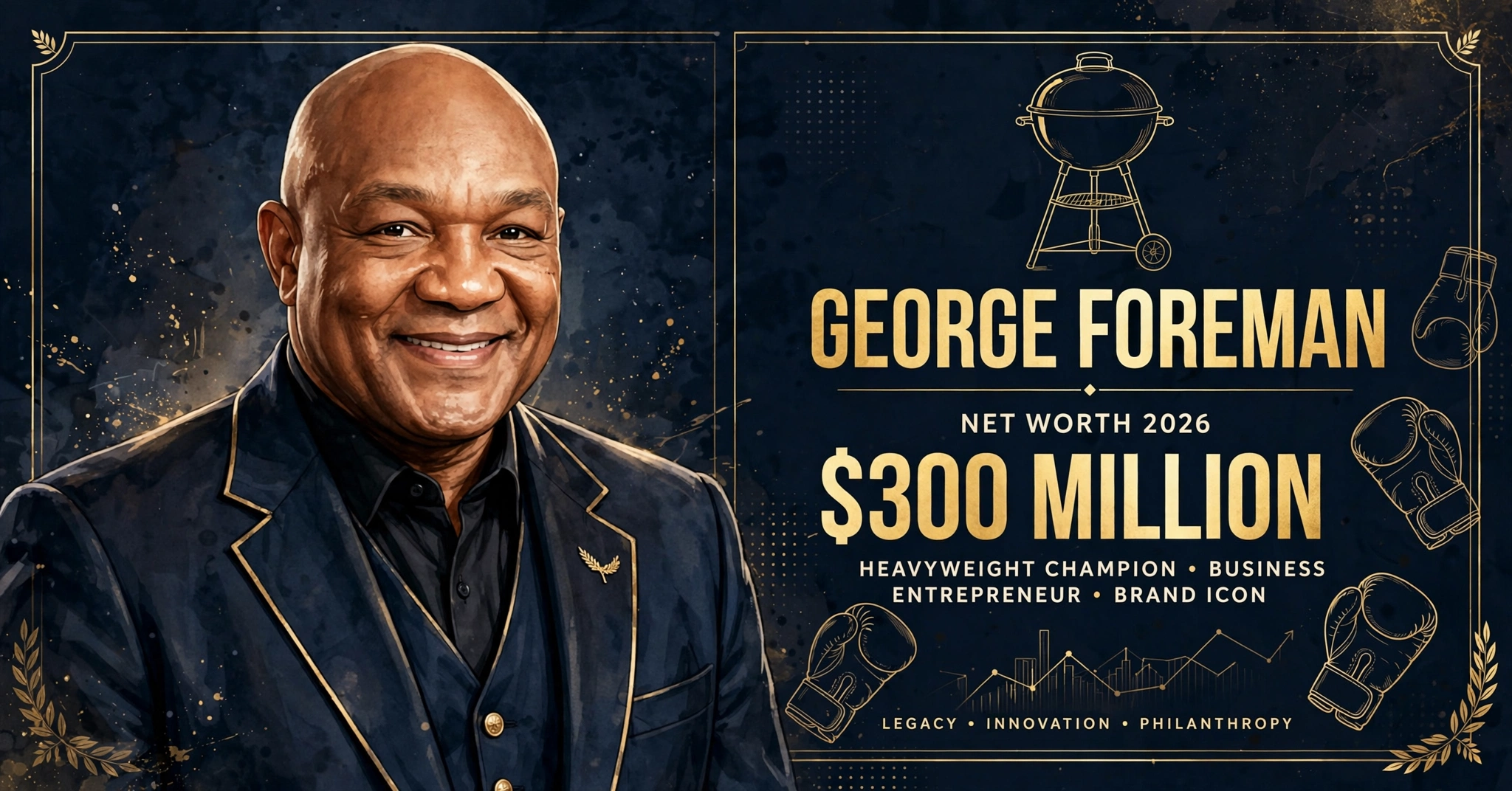 George Foreman net worth 2026 — estimated $300 million fortune infographic