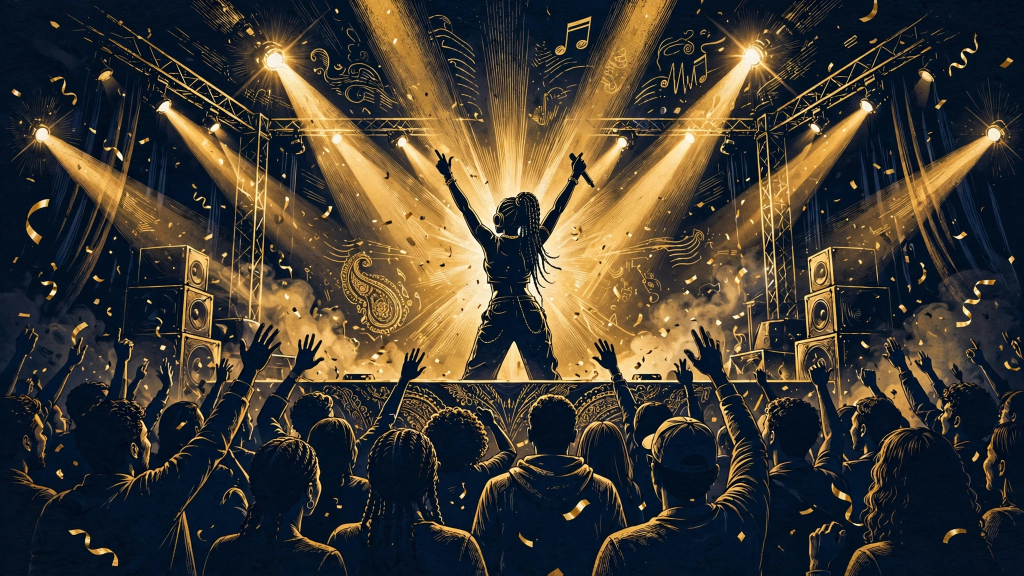 Illustrated GloRilla-style performer on a concert stage under golden lights — the Glorious Tour era