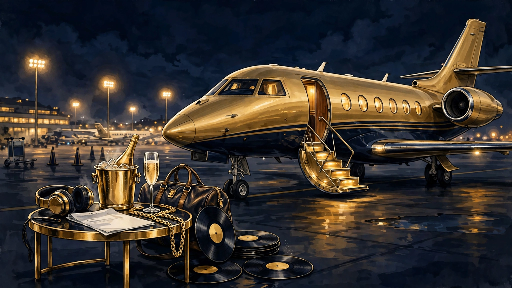 Illustrated private jet on a night tarmac with a contract signing scene — the $500K CMG signing moment