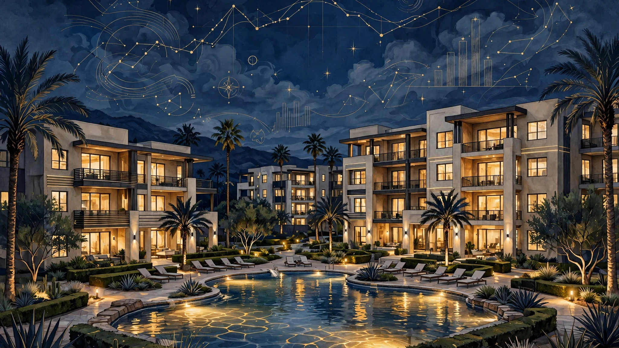 Illustrated Sun Belt apartment complex representing Cardone Capital's multifamily portfolio