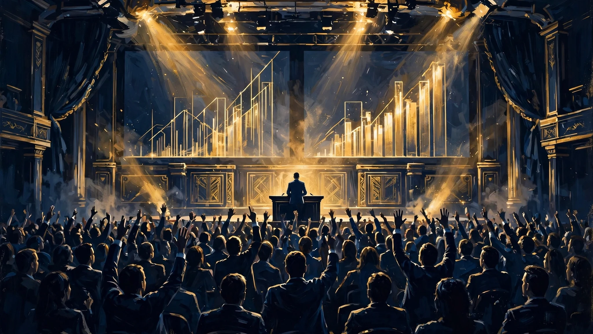 Illustrated arena stage at a 10X Growth Conference-style business event